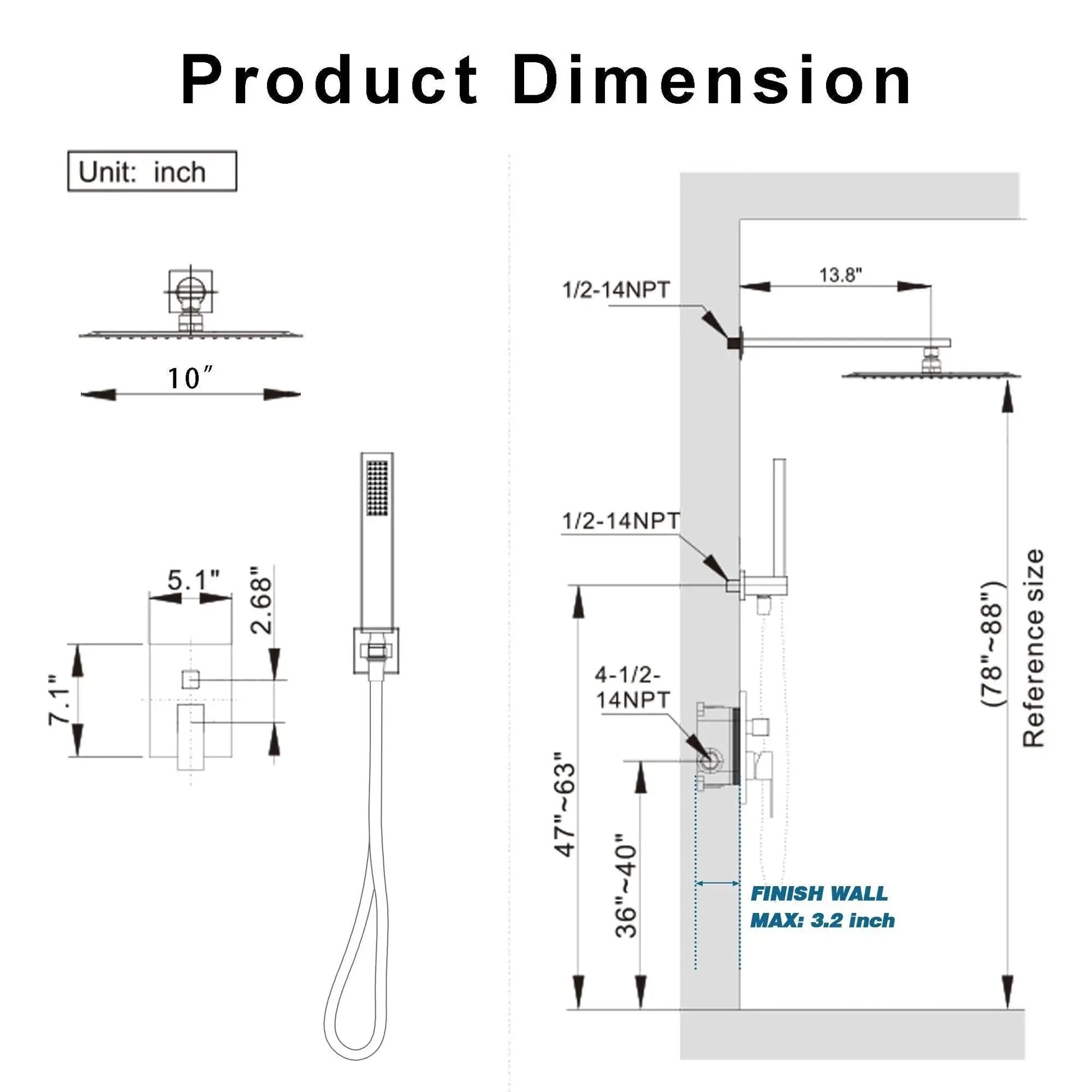Product dimensions of Gold Shower System With 10 Inch Rain Showerhead And Handheld Spray, Wall Mounted High Pressure Shower Head Set Including Valve And Trim, Brushed Gold Finish, 304 Stainless Steel Construction, Easy Install For A Spa Like Shower Experience By HoliSpa