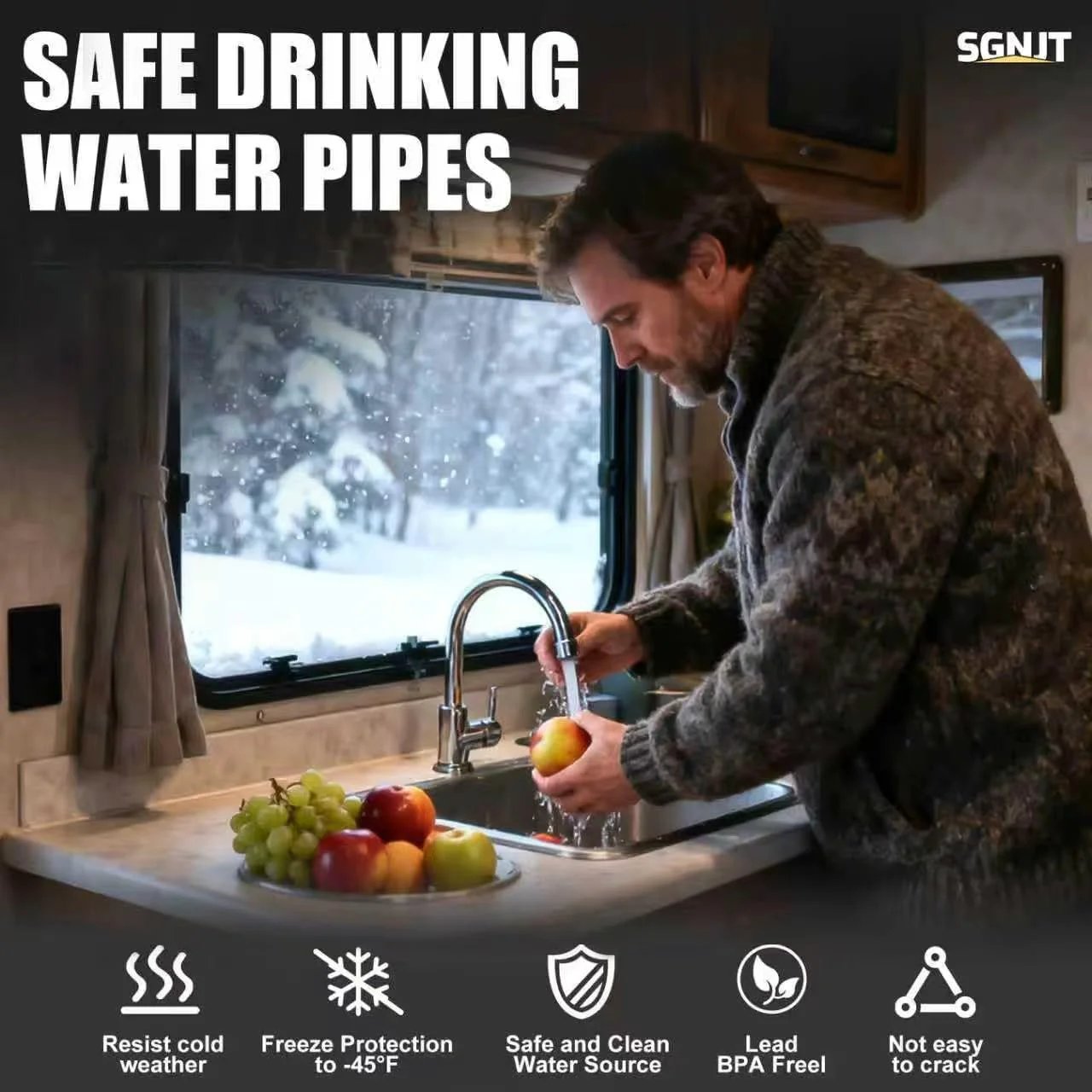 Man using kitchen sink with cold weather visible outside the window, demonstrating safe drinking water pipes feature.