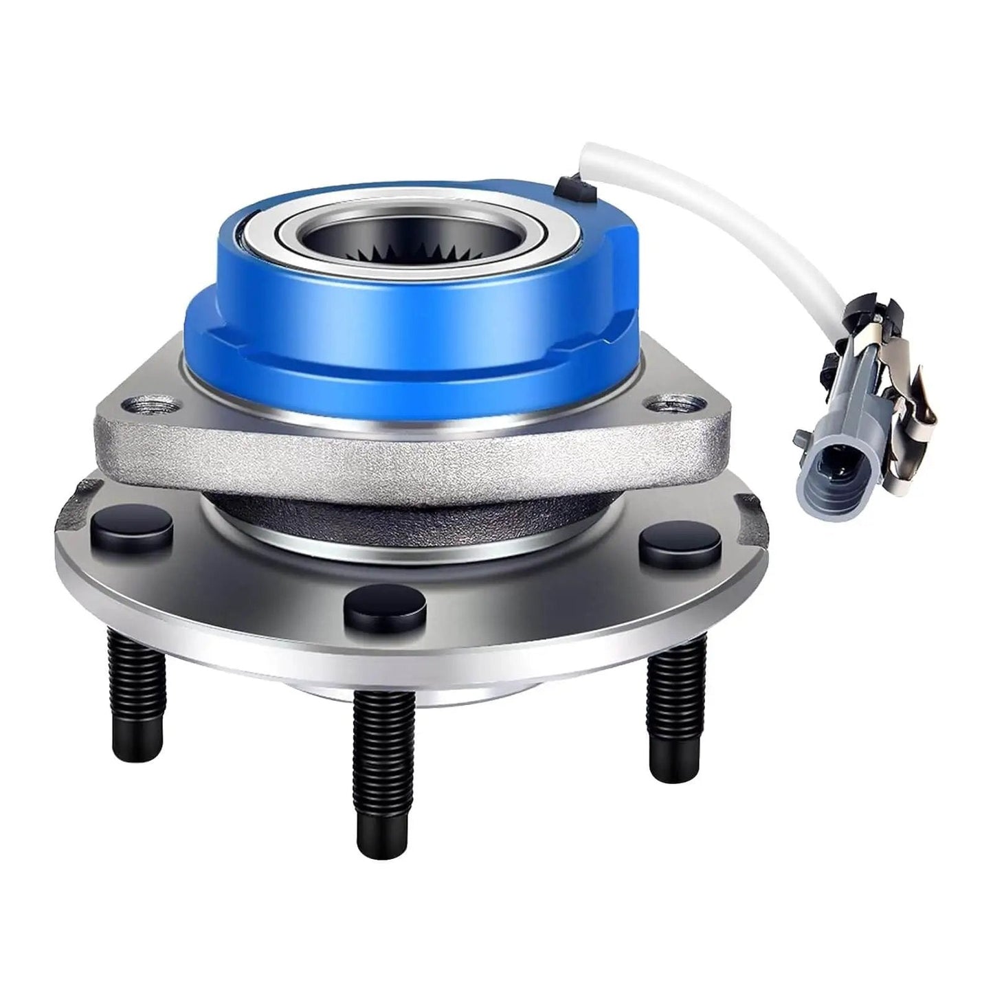 Front Wheel Hub Bearing Assembly 513121 for Buick Regal and more with ABS, 5-lug design, close-up of metal and blue plastic parts.