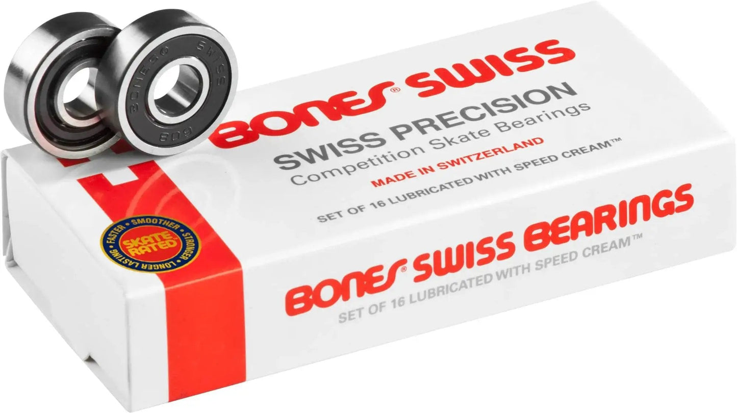 Premium 8mm Skate Bearings 16 Pack With Non Contact Rubber Shield by Bones Swiss on white box with red logo