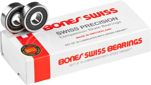 Premium 8mm Skate Bearings 16 Pack With Non Contact Rubber Shield by Bones Swiss on white box with red logo