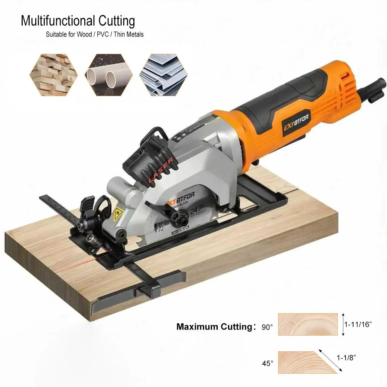 Powerful Corded Mini Circular Saw With Laser Guide Extbtfor, 580W 4.8A Motor, 4000 RPM cutting wood with included blade