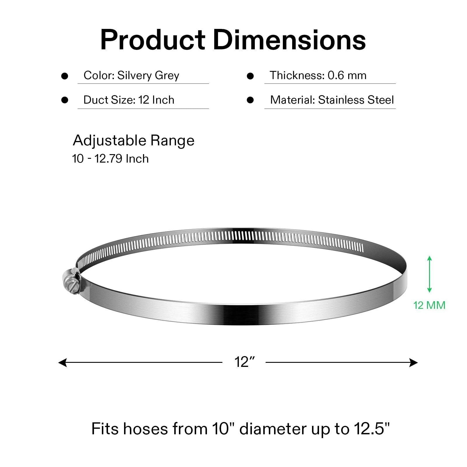 Beefy Stainless Steel Duct Clamps For Air Ducting And Ventilation, Adjustable Worm Drive Hose Clamps Fits 10 To 12.8 Inch Ducts, Rustproof Marine Grade Stainless, Pack Of 2 shown with dimensions and specifications