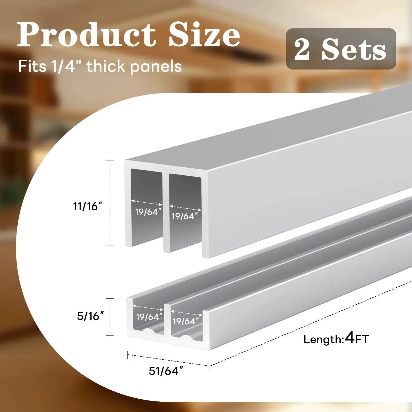Diagram of the Complete Aluminum Sliding Door Track Kit With Two Upper Tracks And Two Lower Tracks For One Quarter Inch Thick Cabinet Glass Closet Doors And Sliding Windows, 48 Inch Length, Silver Finish, Can Be Cut To Any Length For A Precise Fit, showing dimensions for fitting 1/4 inch thick panels.