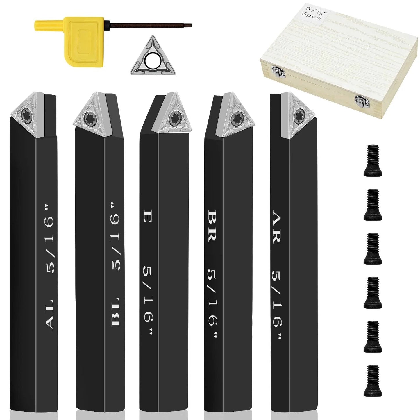 5/16 Inch Indexable Carbide Turning Inserts Holder Set For Metal Lathes With Replaceable Tips And Rotatable Edges, 5 Pc Kit Includes TCMT090204 Carbide Inserts, Spare Screws, Wrench, And Wood Case For Pro Level Machining