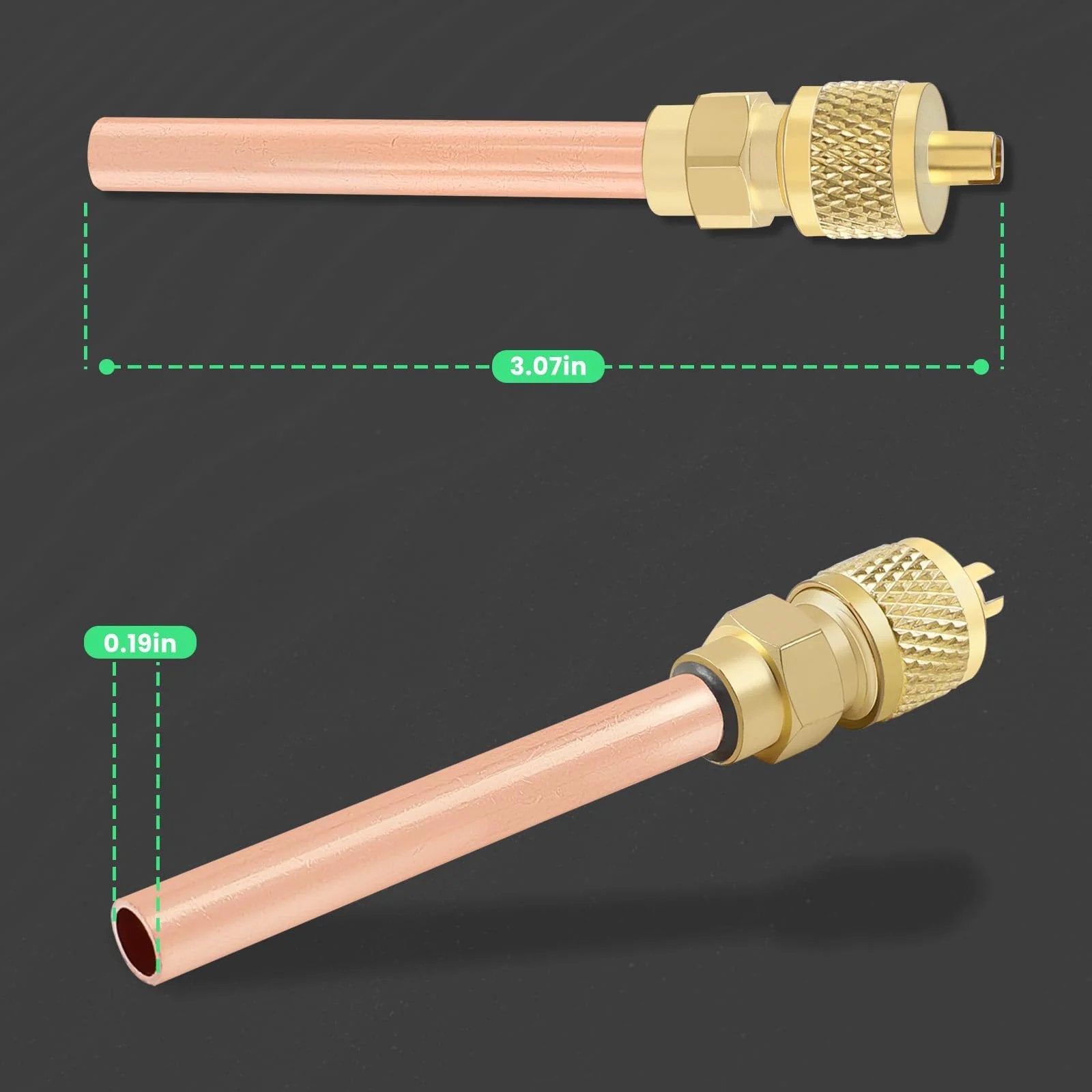 Side view of Schrader System Vacuum Service Valves Kit For HVAC AC Ten Piece One Quarter Inch SAE To One Quarter Inch OD Stem Size