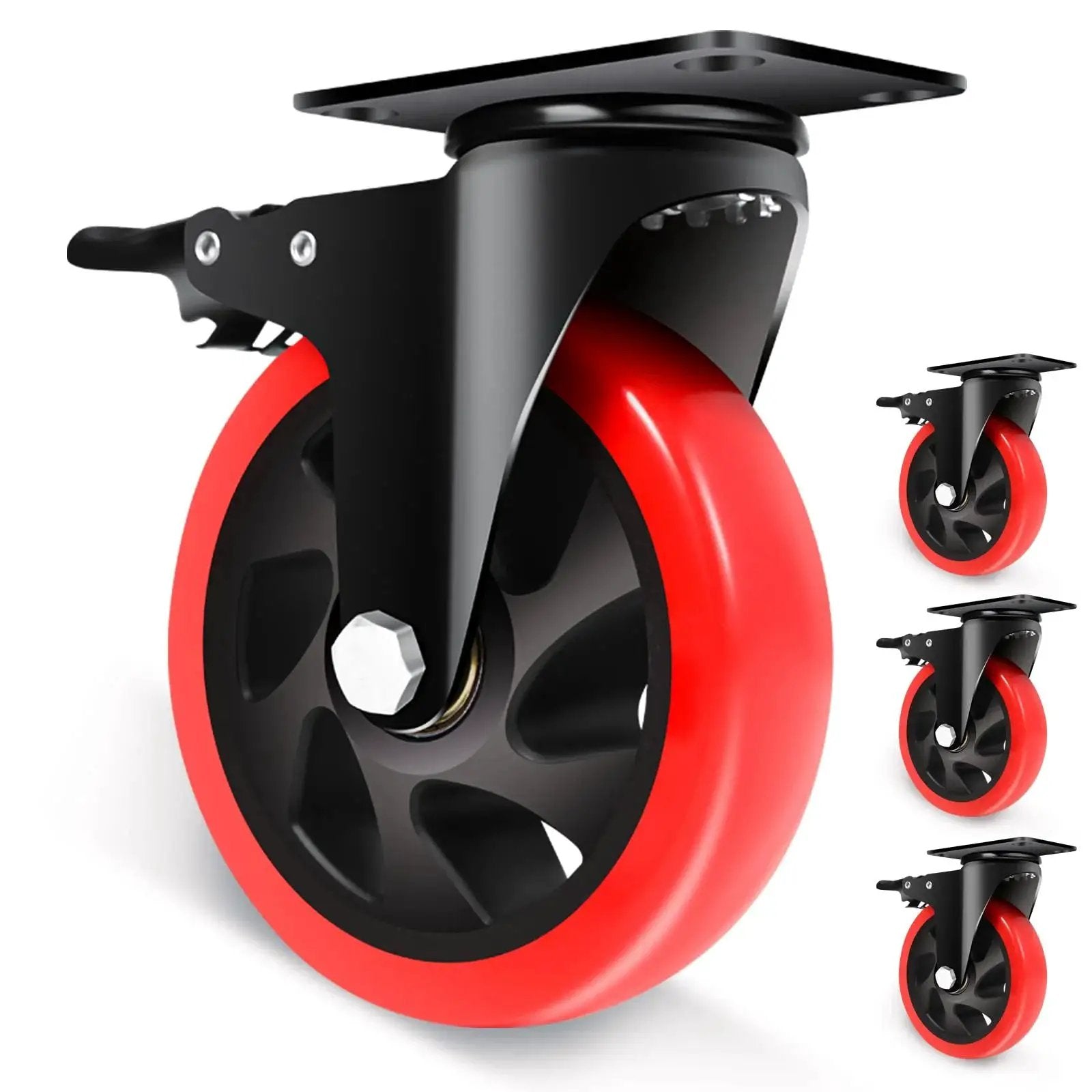 Close-up of 5 Inch Industrial Swivel Caster Wheel Set Of 4 With Brakes Heavy Duty Top Plate Casters 2200 Lb Load Capacity