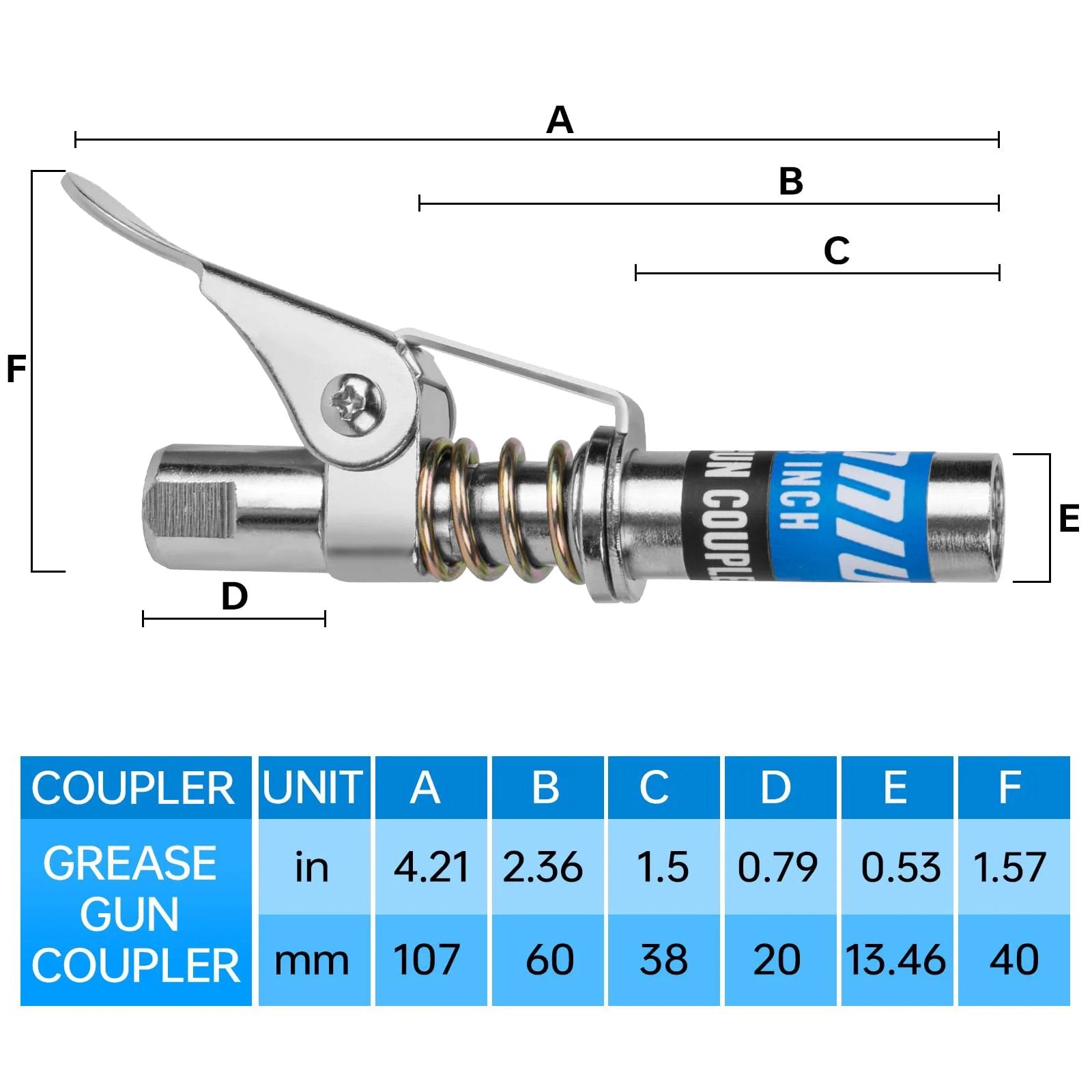 Side view of Compact 0.53 Inch Grease Gun Coupler With Locking Quick Release No Leakage Up To 12000 PSI One Eighth NPT Fitting