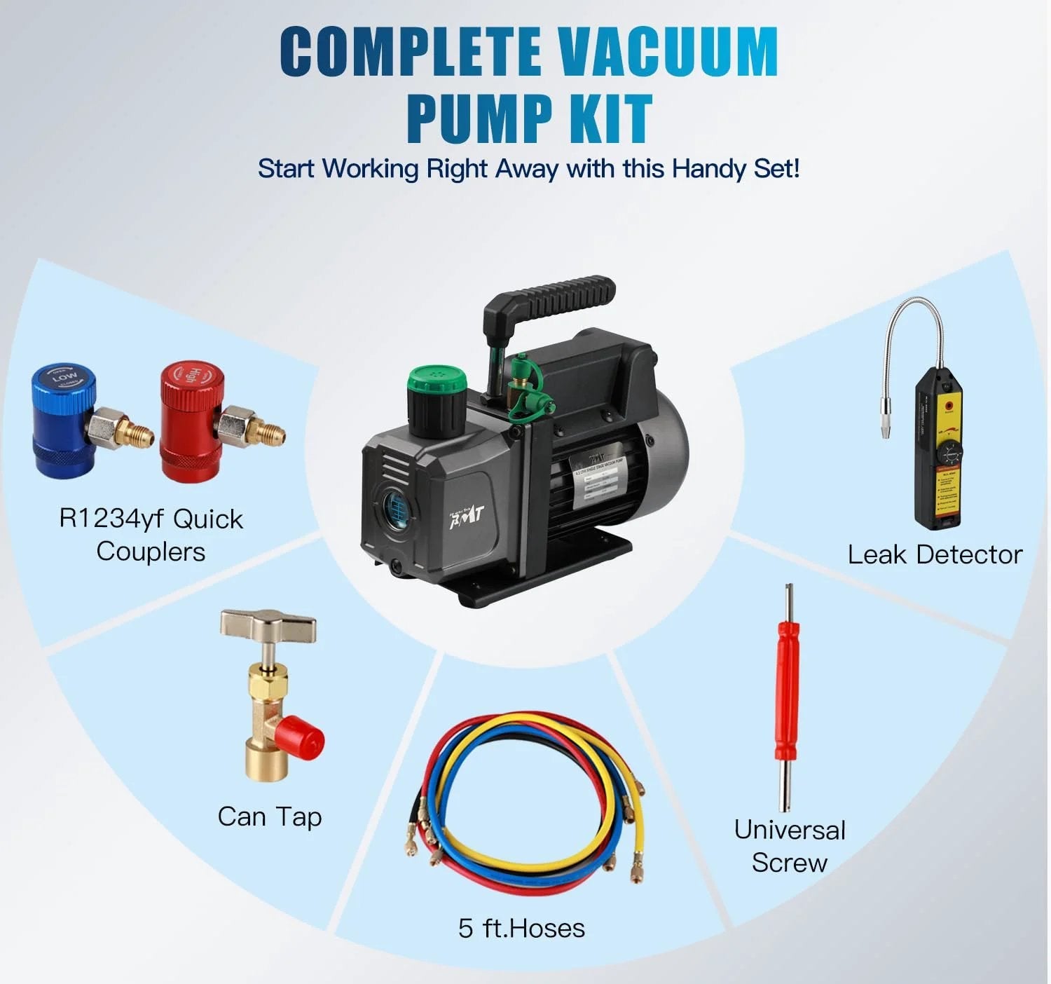 Powerful 4.5 CFM 1/3 HP Vacuum Pump Auto AC Service Kit With 3 Way R1234yf Manifold Gauge Set Leak Detector Puncture Can Tap Quick Couplers And 3 48 Inch Hoses For Easy Refrigerant R1234yf Repairs, shown with components including vacuum pump, hoses, quick couplers, and leak detector.