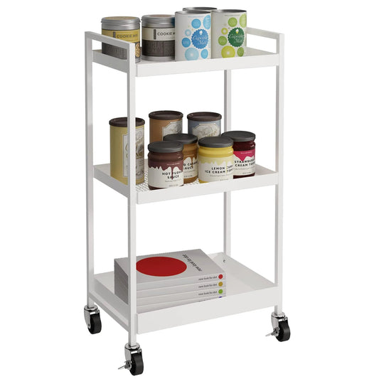 3-Tier Metal Utility Rolling Cart With Lockable Casters For Kitchen Office And Bathroom Storage White 12.1 D X 17.7 W X 31.2 H Rectangular Industrial Style Mesh Shelves For Home Or Office Organization