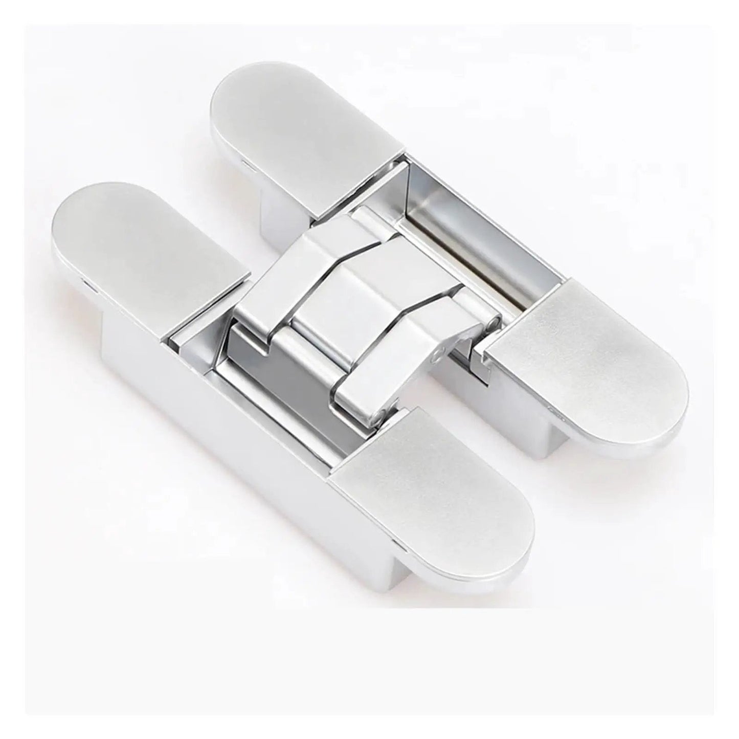 Ultra Smooth Ball Bearing Door Hinge Set For Invisible Hidden Doors 180 Degree Hinge With Folding Capability And Three Dimensional Adjustable Cross Mount Silver Noiseless Quiet Operation For Interior And Exterior Use in silver finish, folded view.