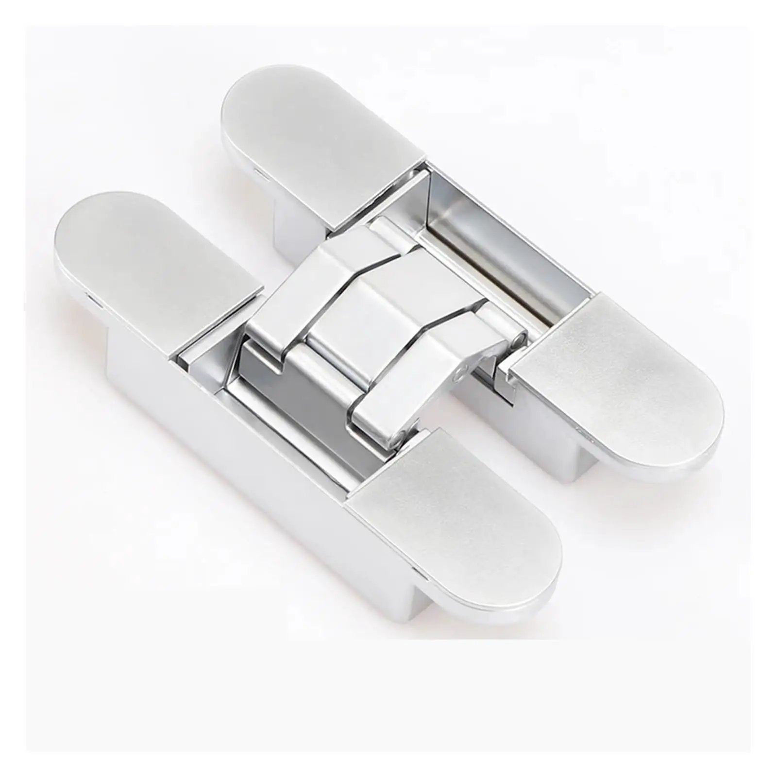 Ultra Smooth Ball Bearing Door Hinge Set For Invisible Hidden Doors 180 Degree Hinge With Folding Capability And Three Dimensional Adjustable Cross Mount Silver Noiseless Quiet Operation For Interior And Exterior Use in silver finish, folded view.