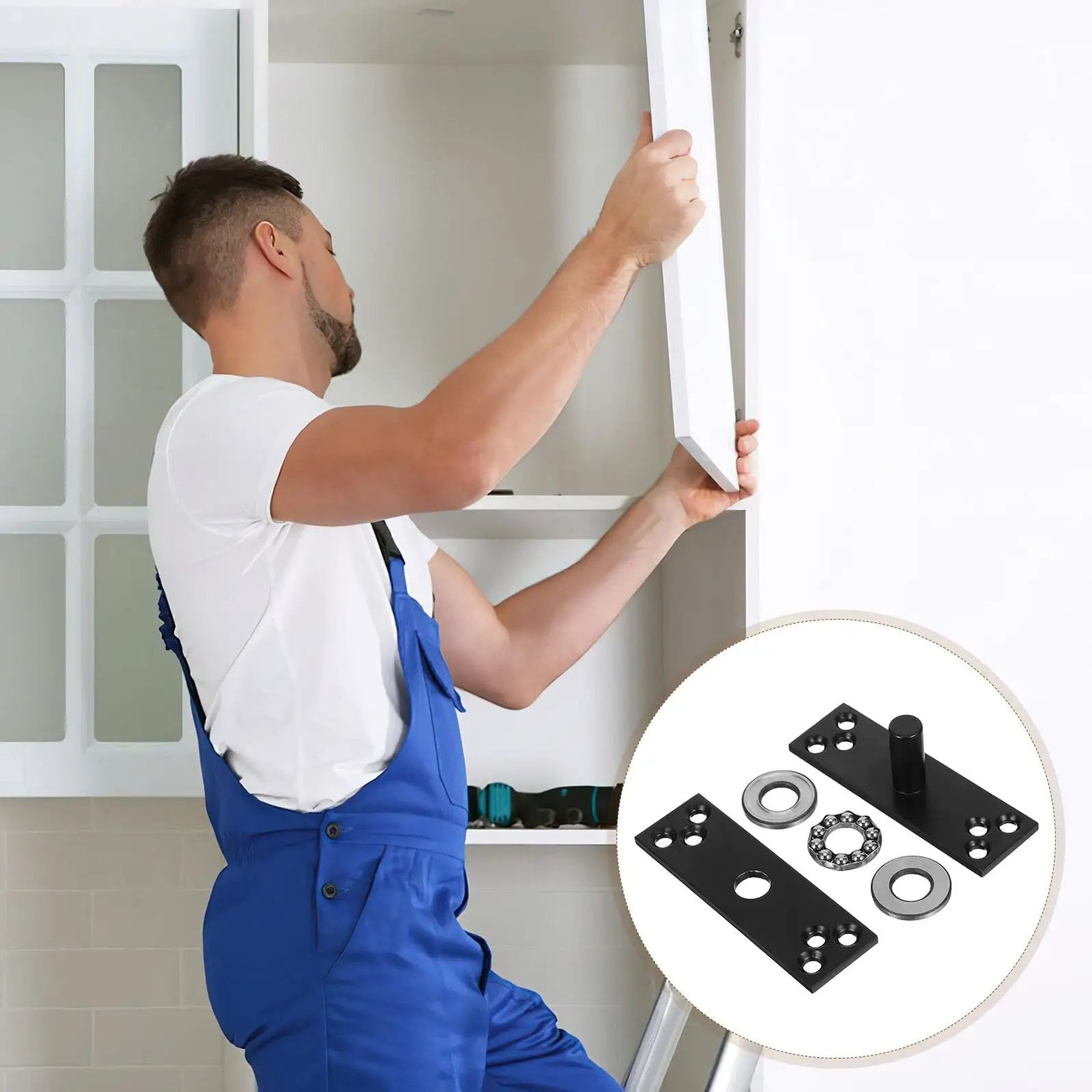Man installing Heavy Duty 360 Degree Stainless Steel Hidden Cabinet Hinge With Silent Bearing And Concealed Invisible Pivot for doors.