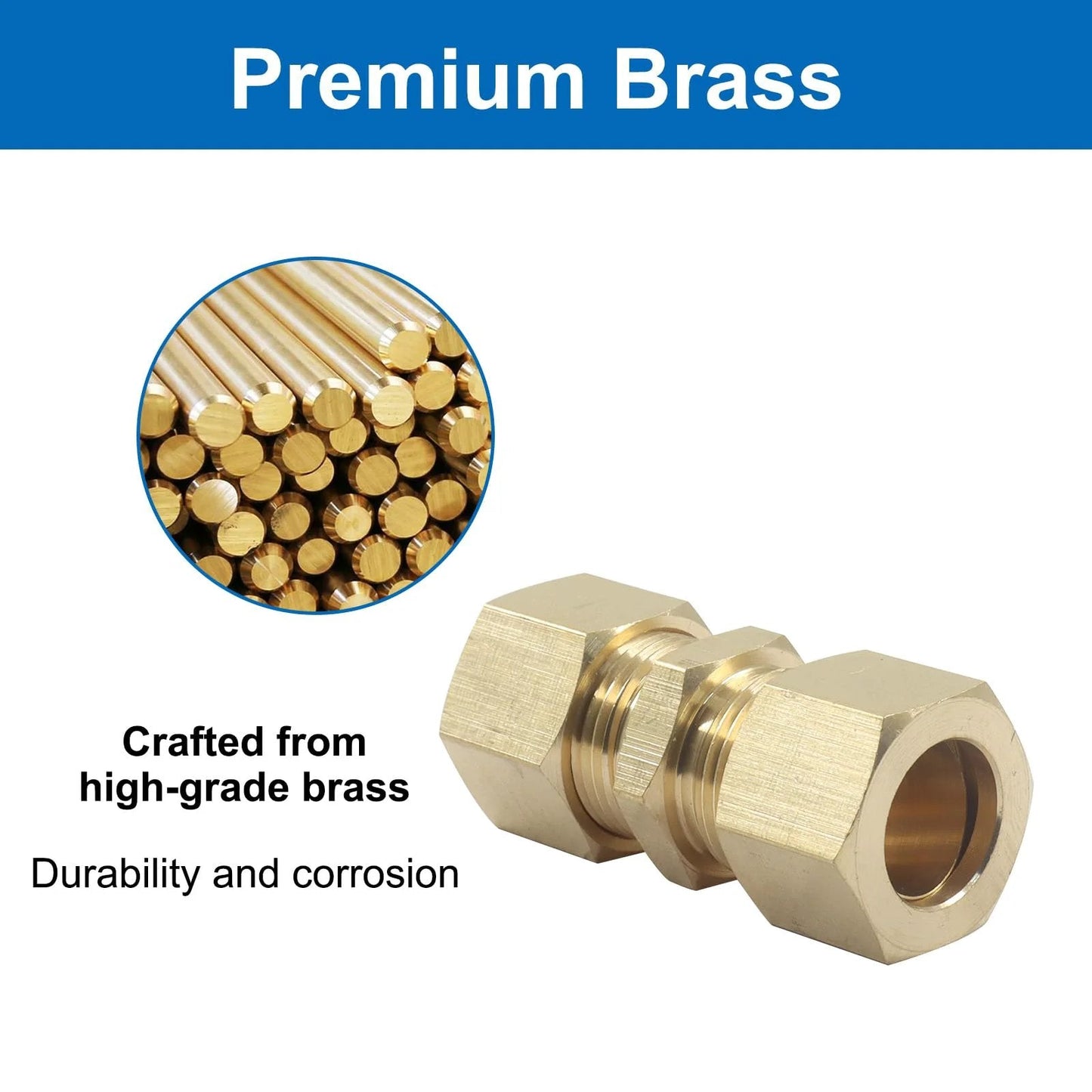 Heavy Duty Brass Compression Fittings One Half Inch OD To One Half Inch OD Five Pack Universal Connector, image of product and materials