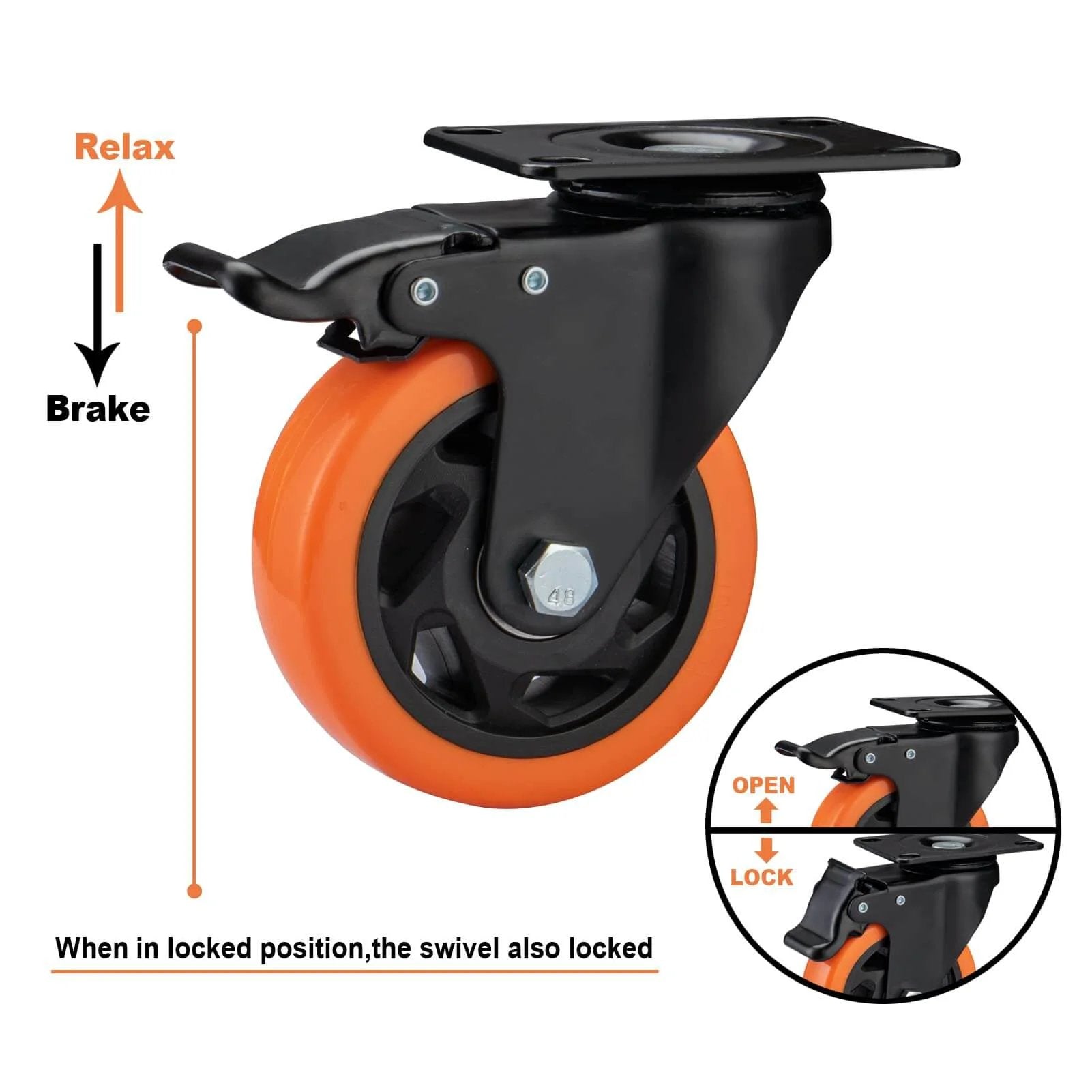 4" Caster Wheels, Heavy Duty Set of 4 - Orange Polyurethane Top Plate Swivel Casters, Industrial 4-Pack with Brake, Locking Wheels for Furniture and Workbench