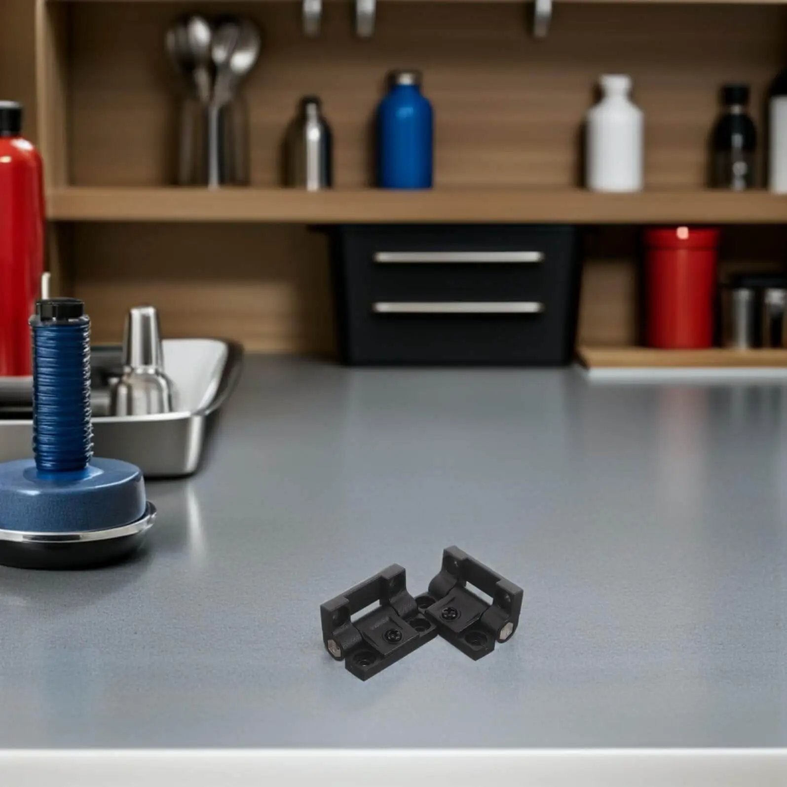 Torque Ball Bearing Hinge For Cabinets With 90 Degree Adjustable Positioning, Plastic Black Hinges Pair on desk