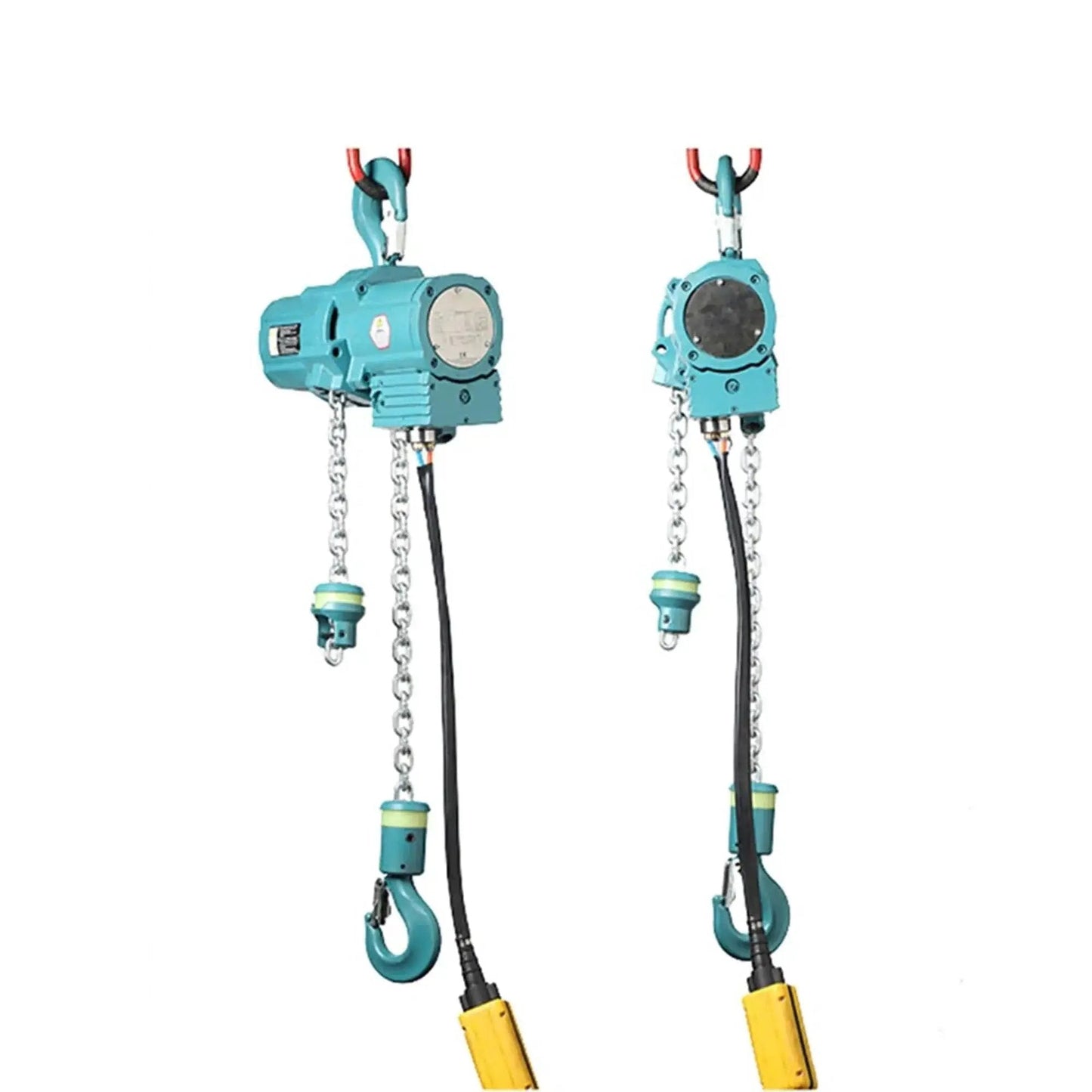 Front view of 500 Lb Air Hoist For Refinery And Heavy Duty Engine Lift With 20 Ft Lift showcasing chains and hooks