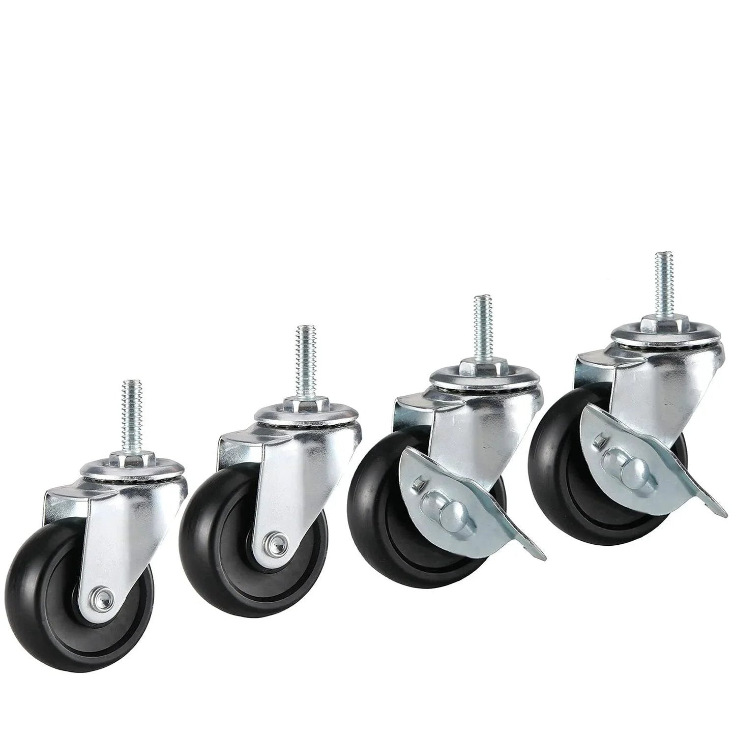 Two Inch Heavy Duty Caster Set Of Four With Rubber Stem Wheels For Wire Shelving Includes Two Brakes And Two Non Brake Casters