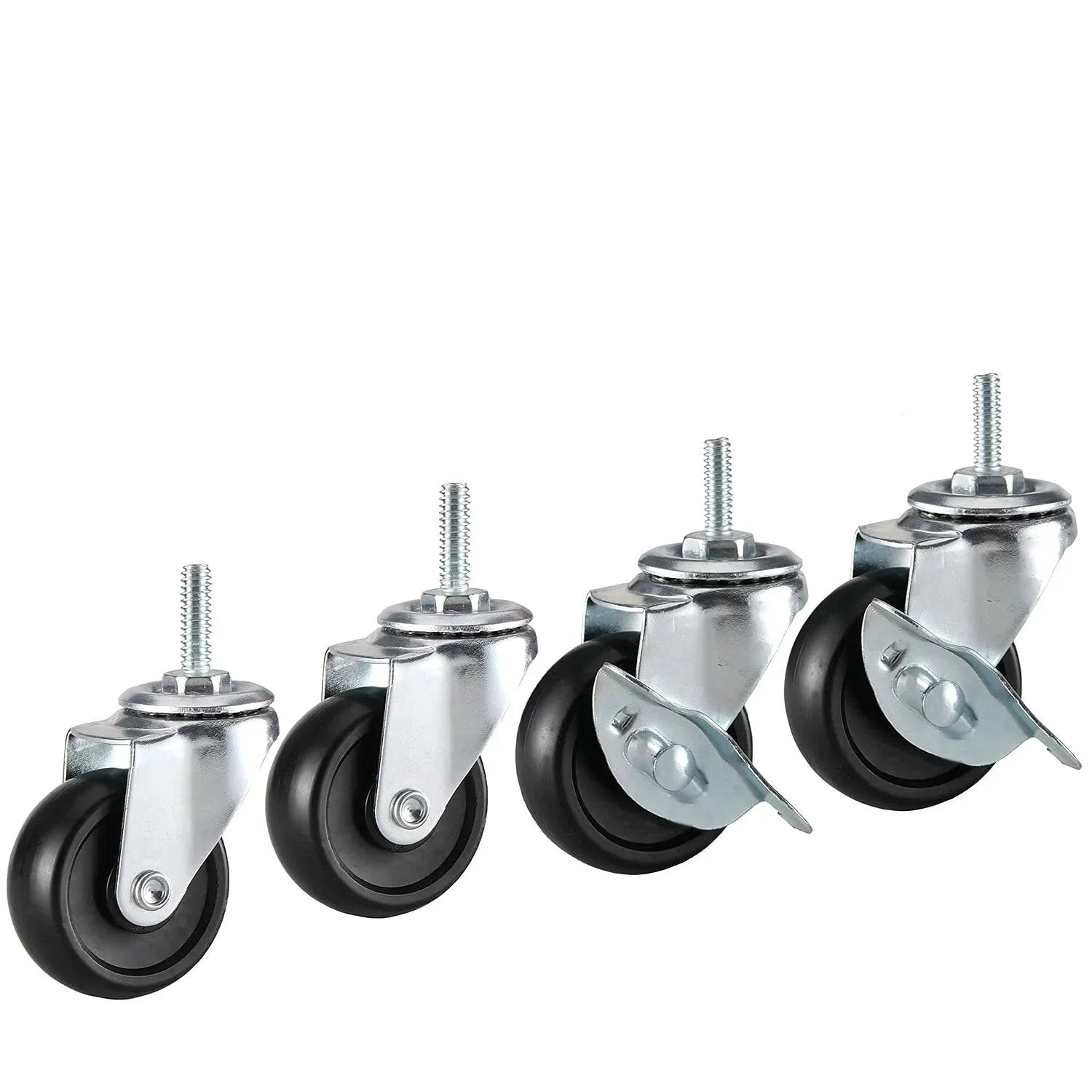 Two Inch Heavy Duty Caster Set Of Four With Rubber Stem Wheels For Wire Shelving Includes Two Brakes And Two Non Brake Casters