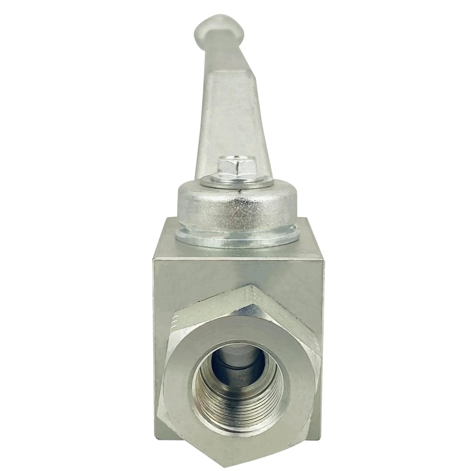 Front view of Two Way Hydraulic Ball Valve With Three Eighths Inch NPT 7250 PSI Maximum Shut Off Carbon Steel With Zinc Plating Suitable For Hydraulic And Water Applications Autovo KHB Series