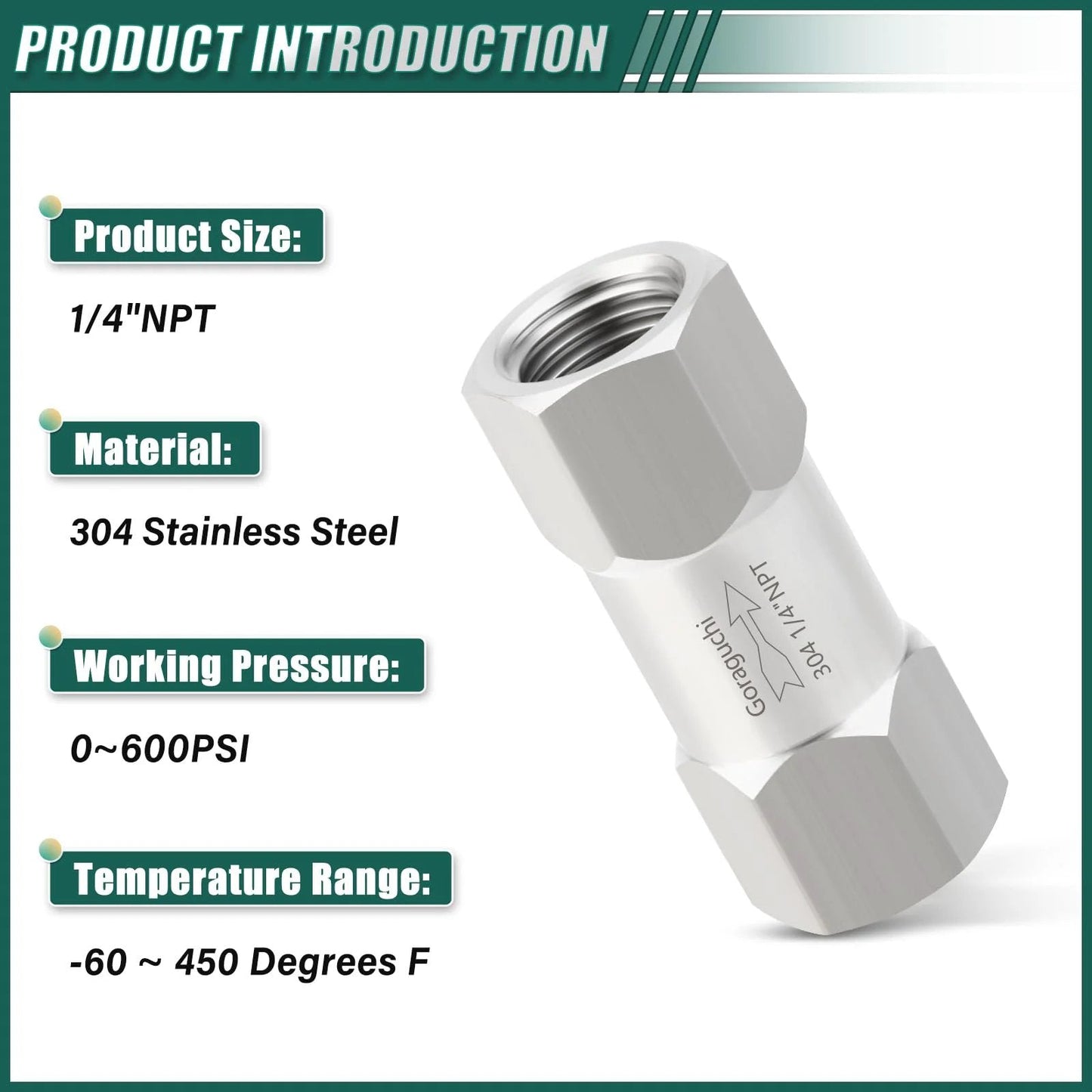 Heavy Duty 304 Stainless Steel One Quarter Inch NPT Female Check Valve Backflow Prevention For Fuel Gas Liquid Oil Applications