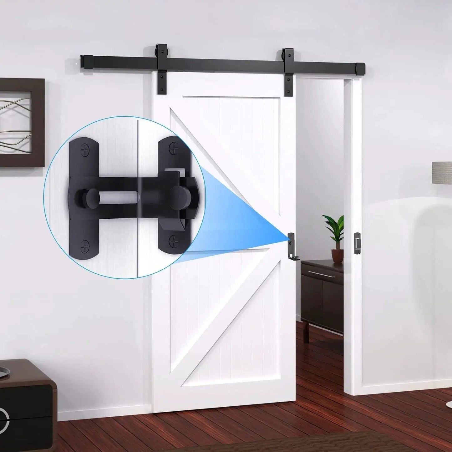 90 Degree Flip Barn Door Lock For Privacy And Security 304 Stainless Steel Gate Latch on sliding door, installed view