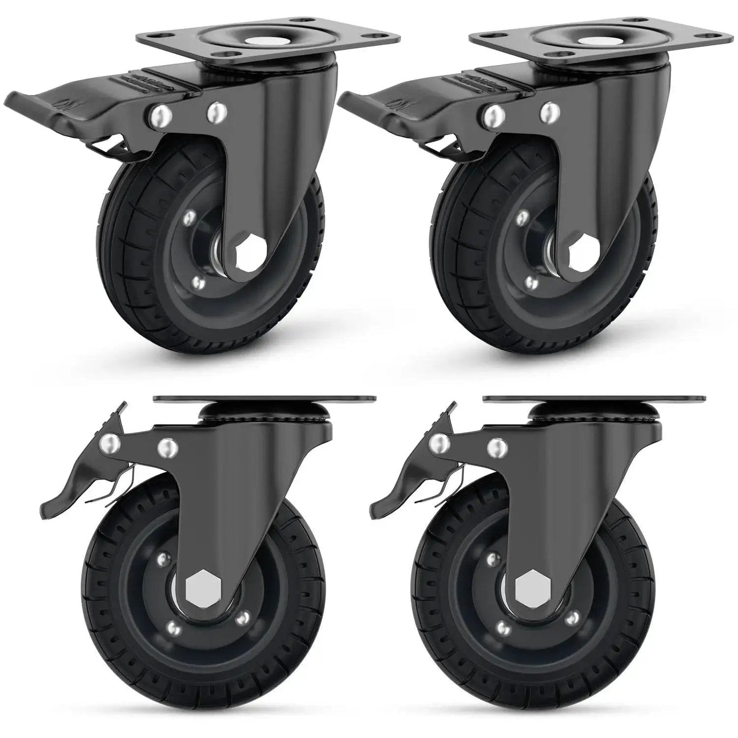 4 Inch Swivel Caster Wheels With Dual Brakes Up To 1000 Lbs Load Capacity Set Of 4 Solid Rubber Wheels With Cast Iron Rim Plate