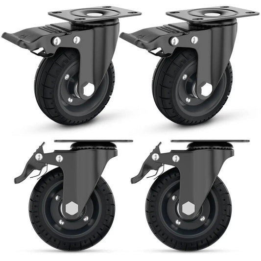 4 Inch Swivel Caster Wheels With Dual Brakes Up To 1000 Lbs Load Capacity Set Of 4 Solid Rubber Wheels With Cast Iron Rim Plate