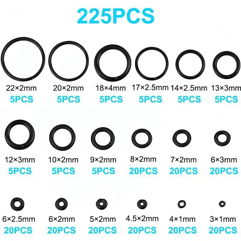 225 Pieces Nitrile Rubber O Ring Kit With 18 Size Assortment for Automotive Plumbing Air Gas Water Sealing, Image of Various Sizes from 3mm to 22mm