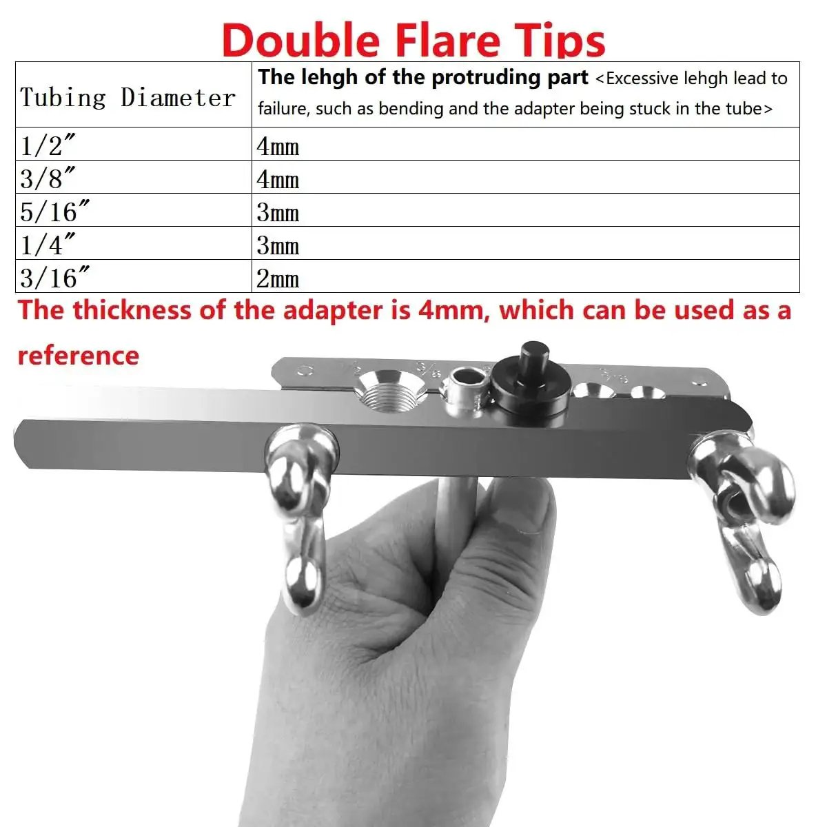 Hand holding brake line flare kit with dual 3/16 to 1/2 inch adapter for copper and aluminum tubing, showing flare tips and diameters.