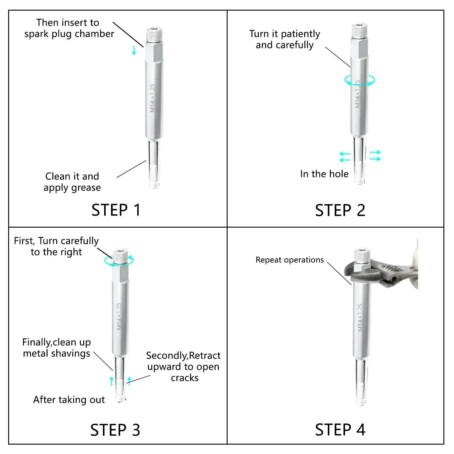 Step-by-step instructions using Back Tap Spark Plug Thread Repair Tool For M14x1.25 Threads Prevents Shavings