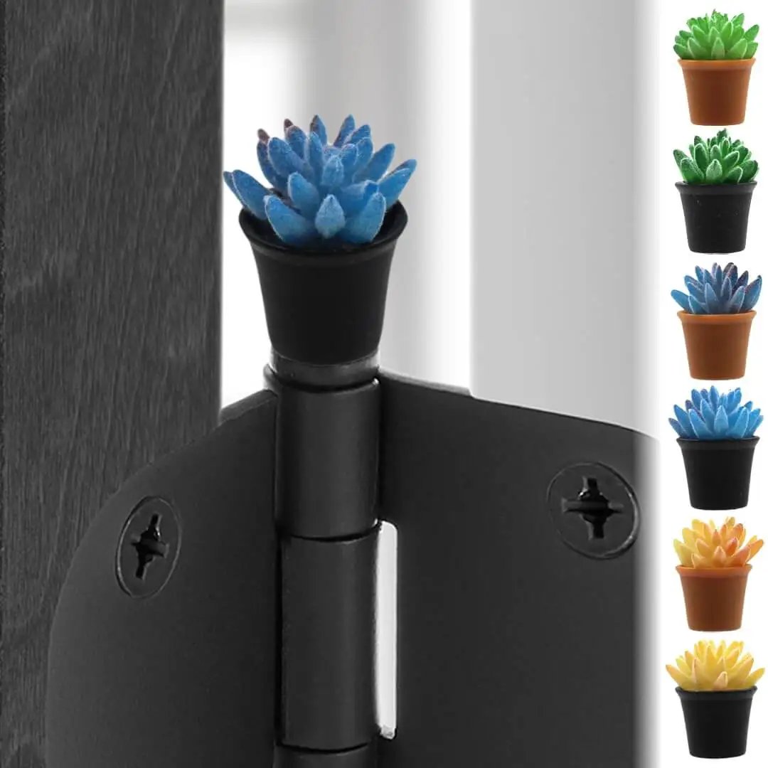 Whimsical Succulent Door Hinge Heads Magnetic Topper Set Of 6 Haworthia Miniature Potted Plant Trinkets shown on door hinge