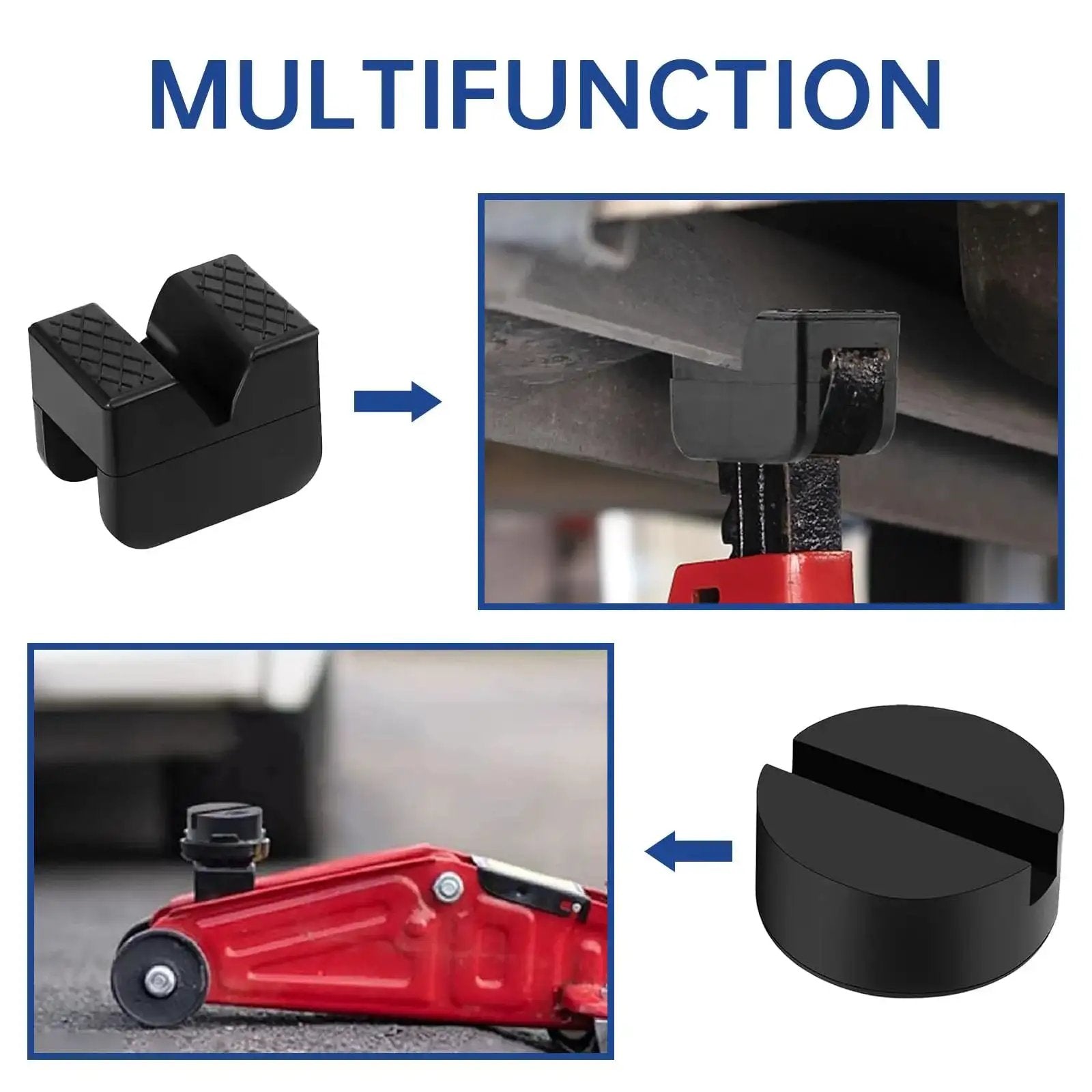 Universal Rubber Pads For Jack Stands Set 8 Pieces In 2 Types For Slotted Rails, showing Vgroove and round pad use.