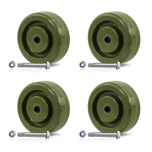 4 Inch By 1.5 Inch High Temp Green Epoxy Caster Wheels Set Of 4 For Industrial Bakery And Oven Racks With 3/8 Inch Bore Bearings And 2800 Lbs Capacity, Shock Resistant And Chemical Resistant.