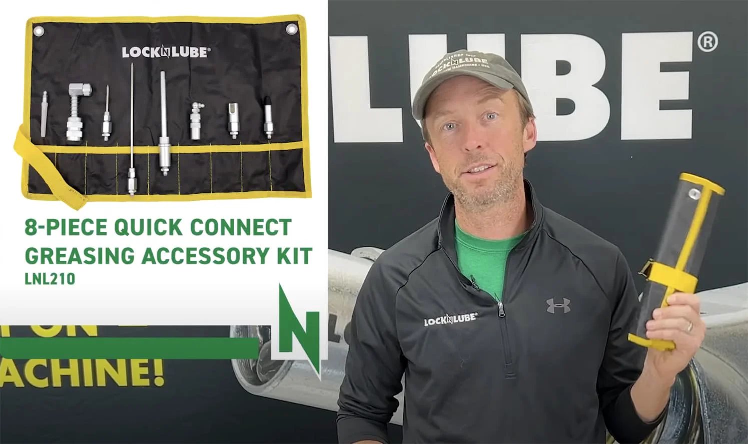 Person holding a grease gun with a LockNLube 8 Piece Quick Connect Greasing Accessory Kit in a black ripstop case displayed.