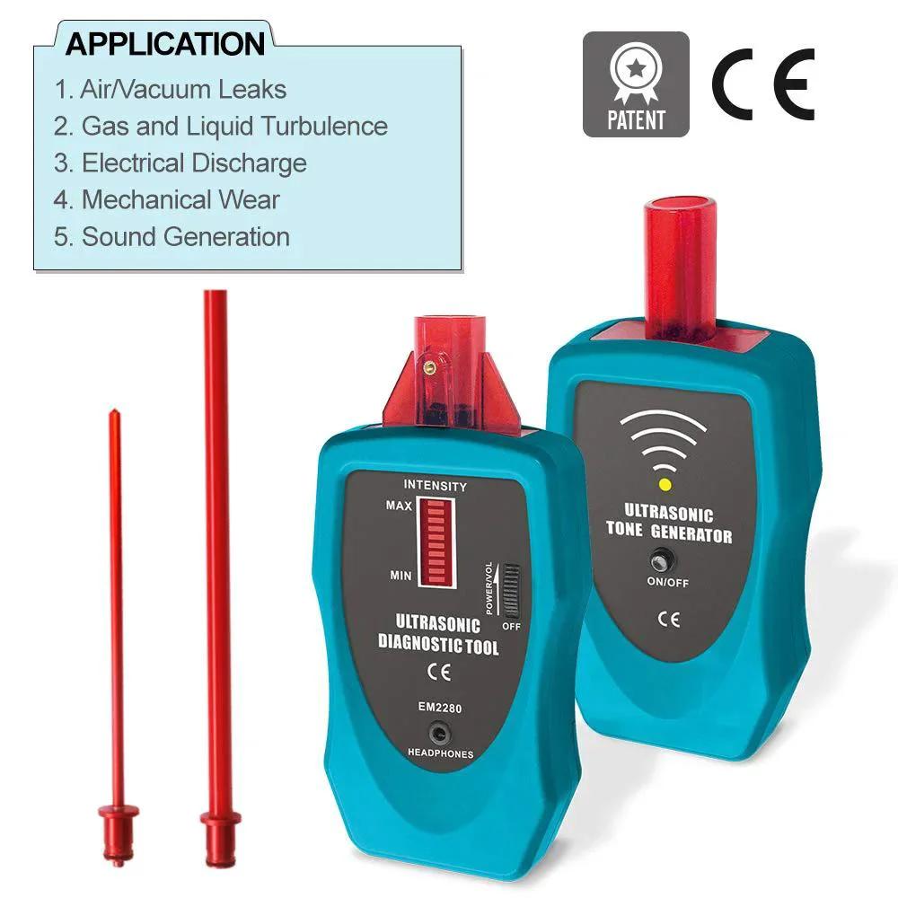 Ultrasonic Leak Detector Stethoscope Kit With 36 To 44kHz Air And Contact Probes for auto and industrial leak detection.