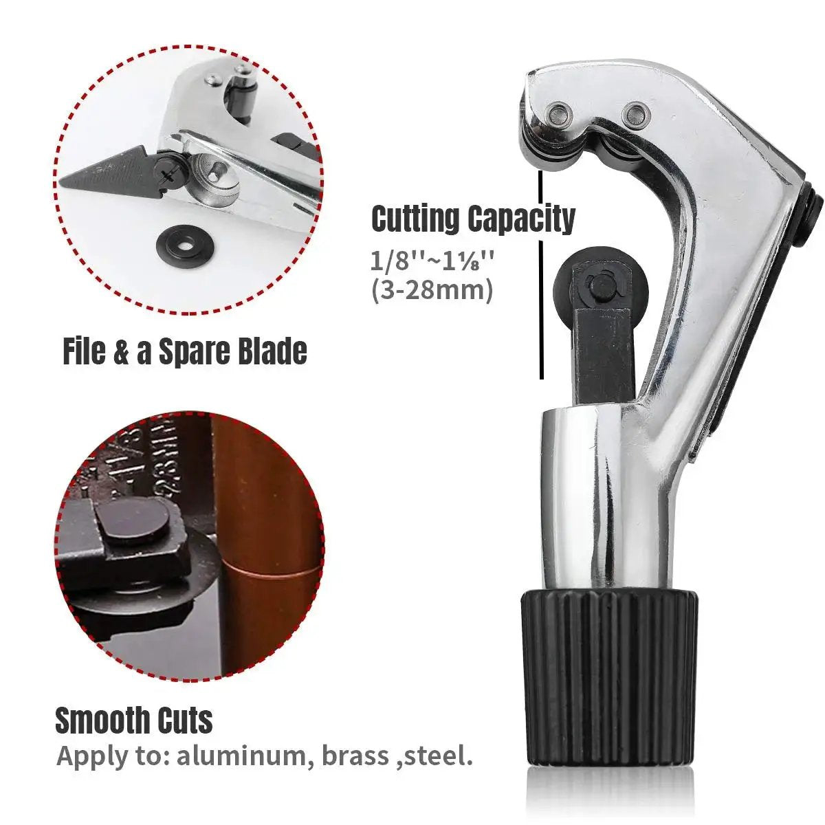 Close-up of Single Flaring and Swaging Tool Kit for HVAC Tubing 45 Degree Cutter with file, blade, and cutting capacity details.