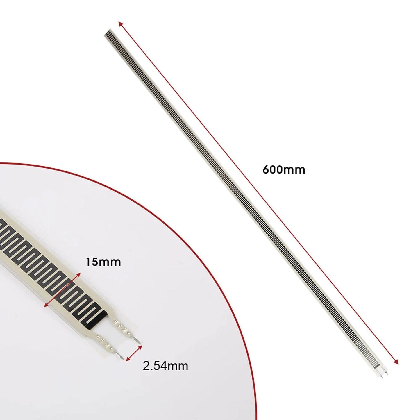 Ultra Thin Film Pressure Sensor Strip SF15 600 10kg showing dimensions, flexible force sensor FSR used in robotics and DIY projects.