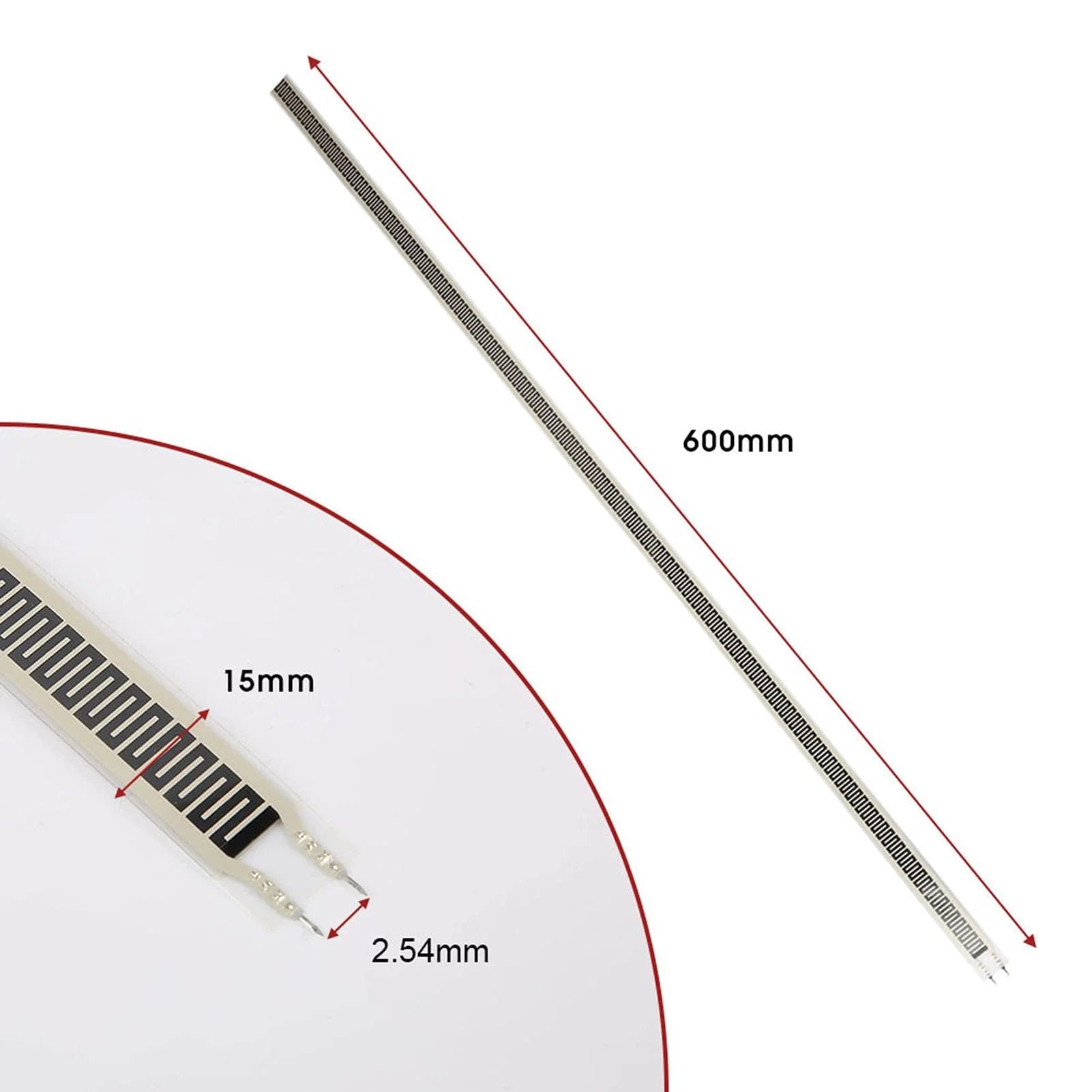 Ultra Thin Film Pressure Sensor Strip SF15 600 10kg showing dimensions, flexible force sensor FSR used in robotics and DIY projects.