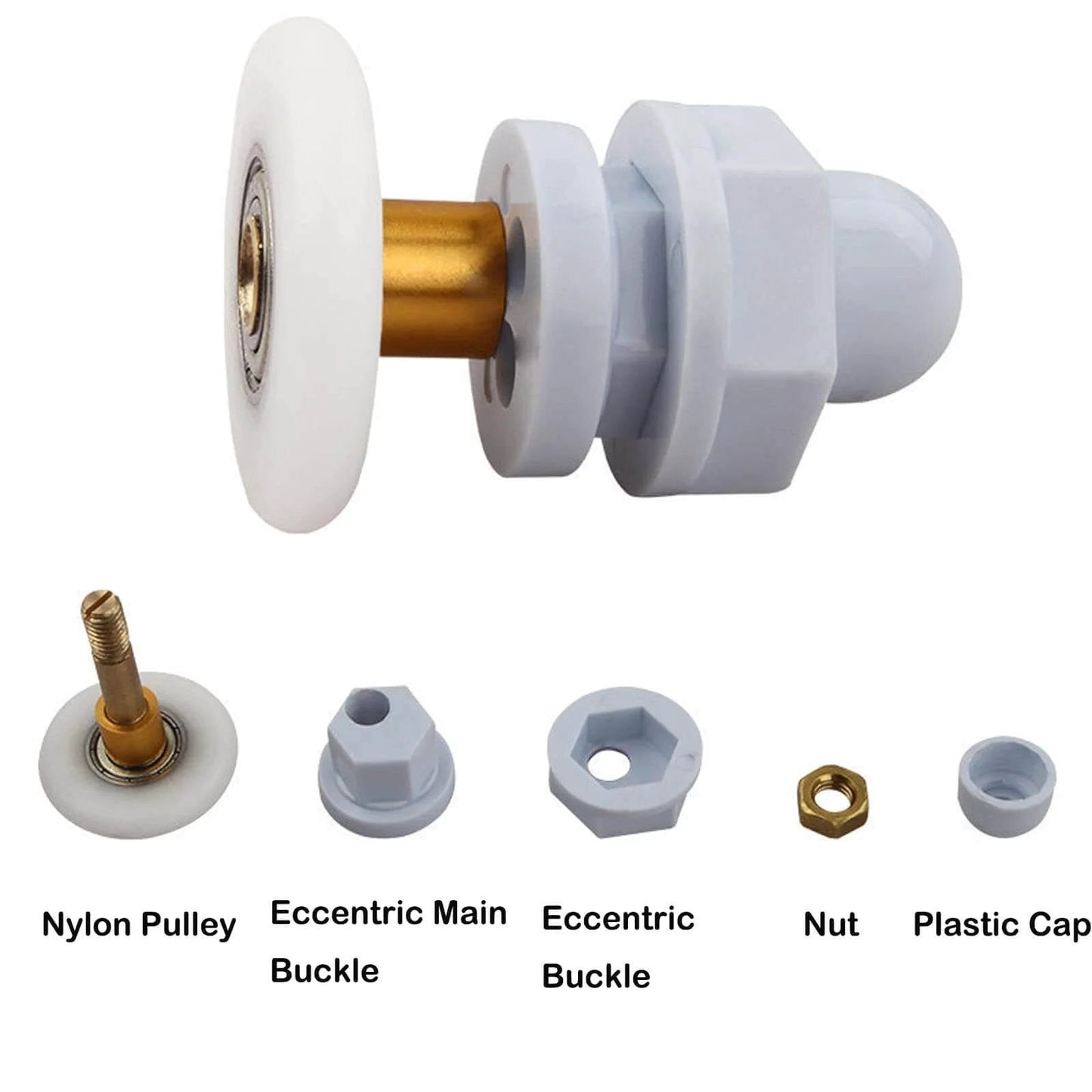 4PCS 25mm shower door rollers replacement with copper rod pulley, nylon runners, stainless steel parts, shown disassembled