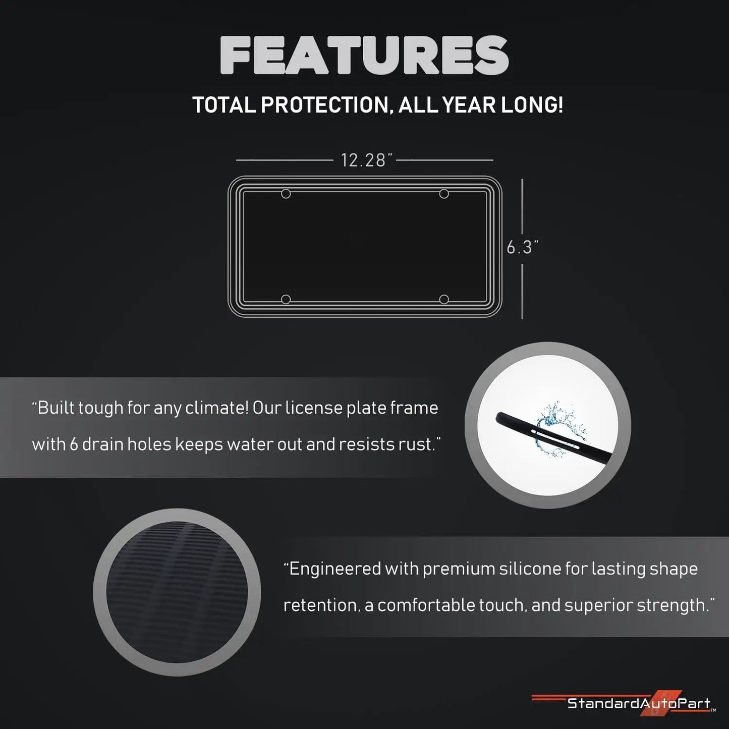 Features of Silicone License Plate Frame Durable For Front And Rear Universal No Obstruction Anti Rattle Anti Scratch Must Have Weatherproof Rust Proof Street Legal Car Accessory, including dimensions and drainage holes.