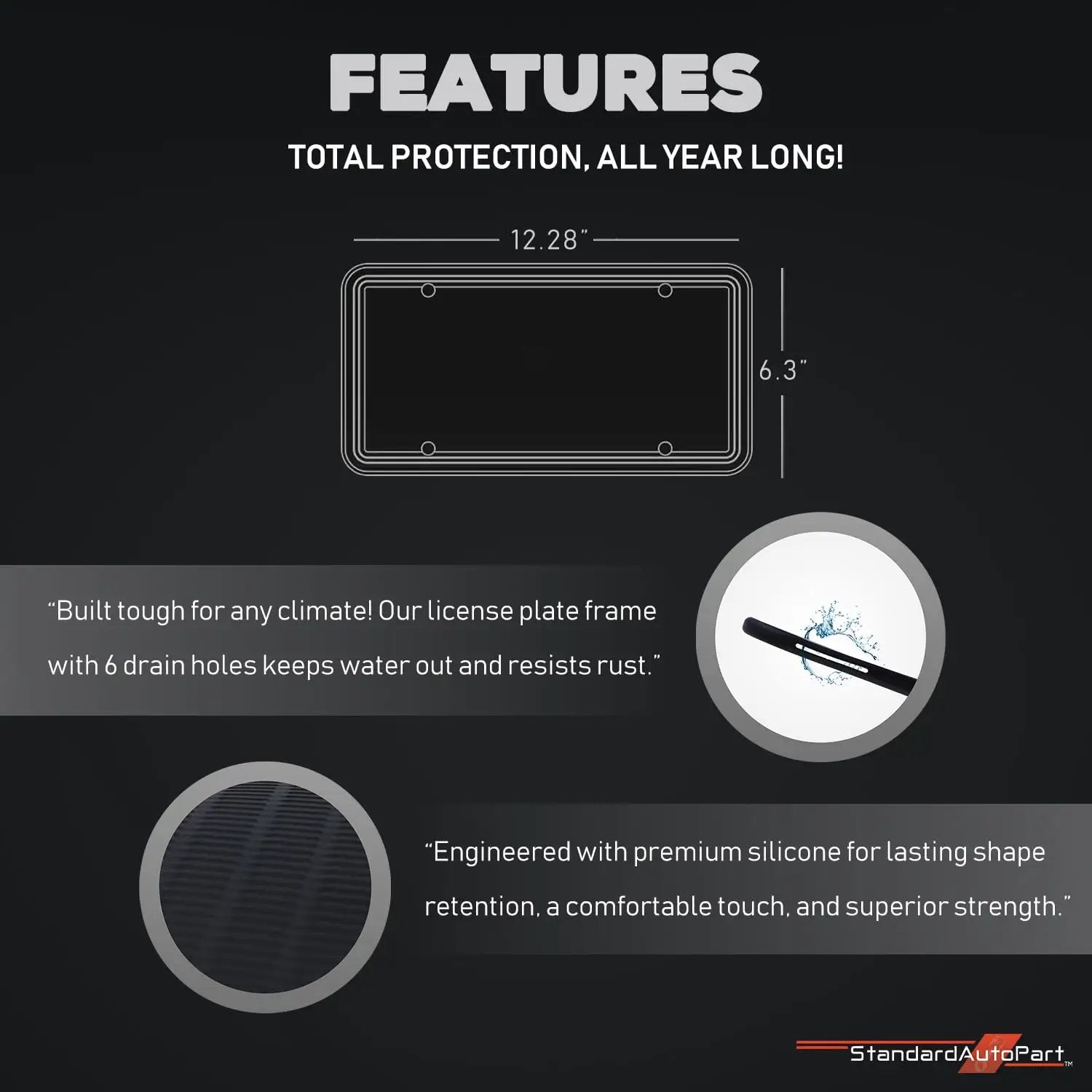Features of Silicone License Plate Frame Durable For Front And Rear Universal No Obstruction Anti Rattle Anti Scratch Must Have Weatherproof Rust Proof Street Legal Car Accessory, including dimensions and drainage holes.
