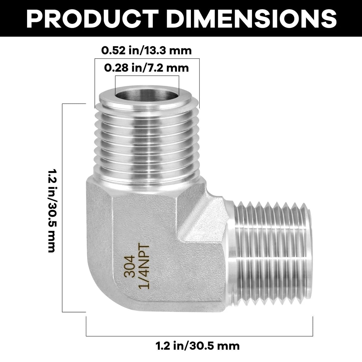 304 Stainless Steel 90 Degree Street Elbow One Quarter Inch NPT Male To One Quarter Inch NPT Male Pipe Fitting with dimensions