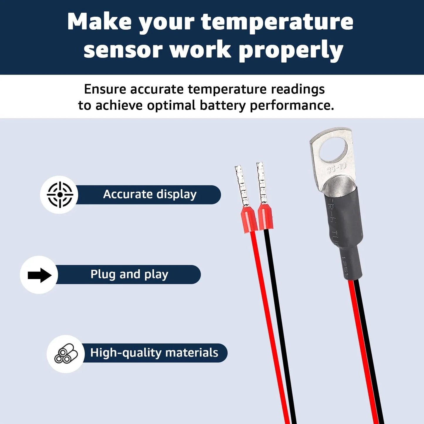Close-up of a Temperature Sensor Replacement For Victron Energy That Is A Must Have For Precision Battery Temperature Monitoring And Easy Plug In Compatibility With Quattro And MultiPlus Inverter Chargers Cerbo GX And Venus GX For Reliable Charging Performance featuring plug and play wires and lug terminal.