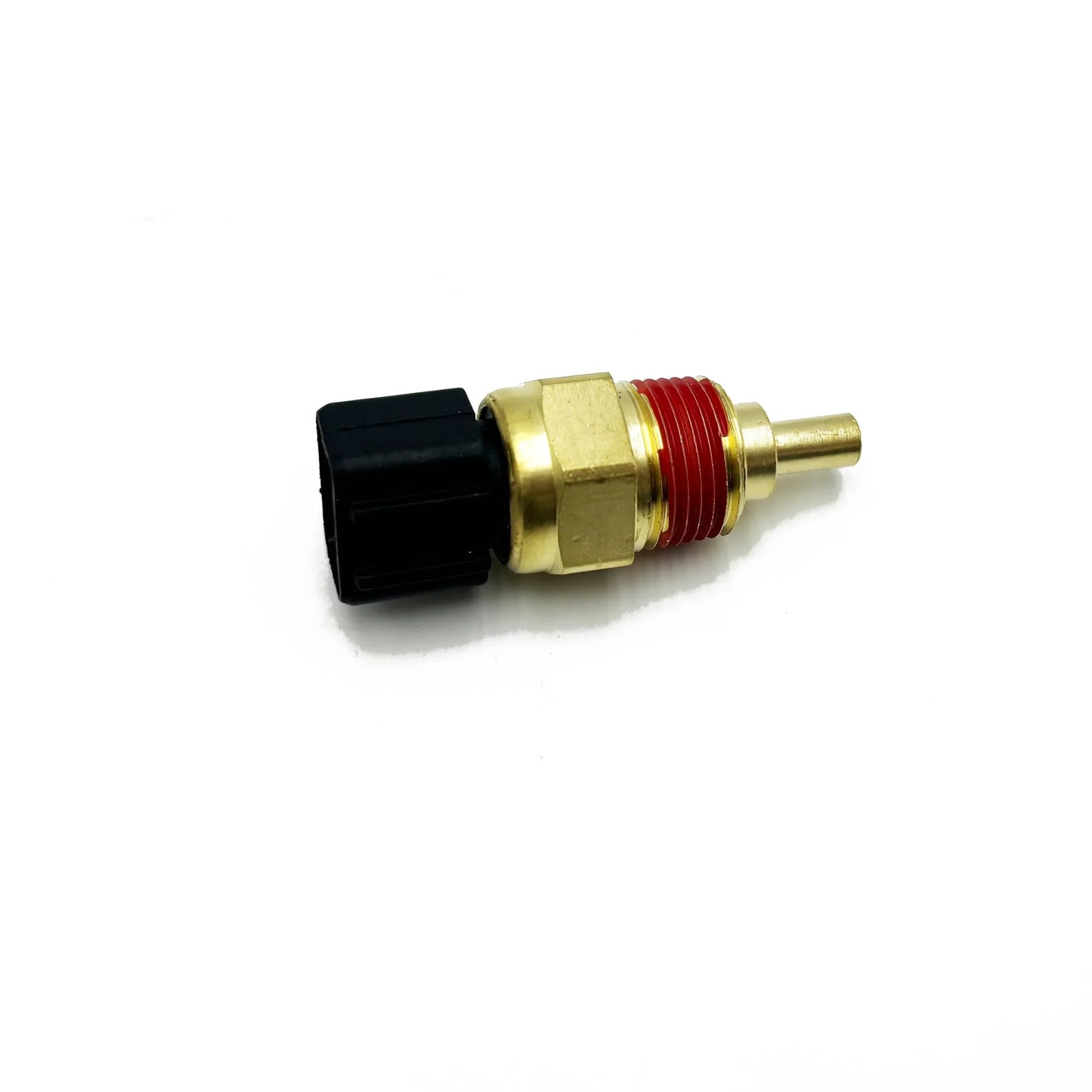 Engine Coolant Temperature Sensor Replacement For Hyundai Accent Elantra Sonata Tucson Elantra Coupe Elantra GT Azera Entourage Genesis Coupe And Kia Forte Rio Rondo Sedona Sorento Soul Spectra Direct Fit Plug-N-Play Replaces 39220-38030 OEM Quality side view of brass coolant sensor with black and red components