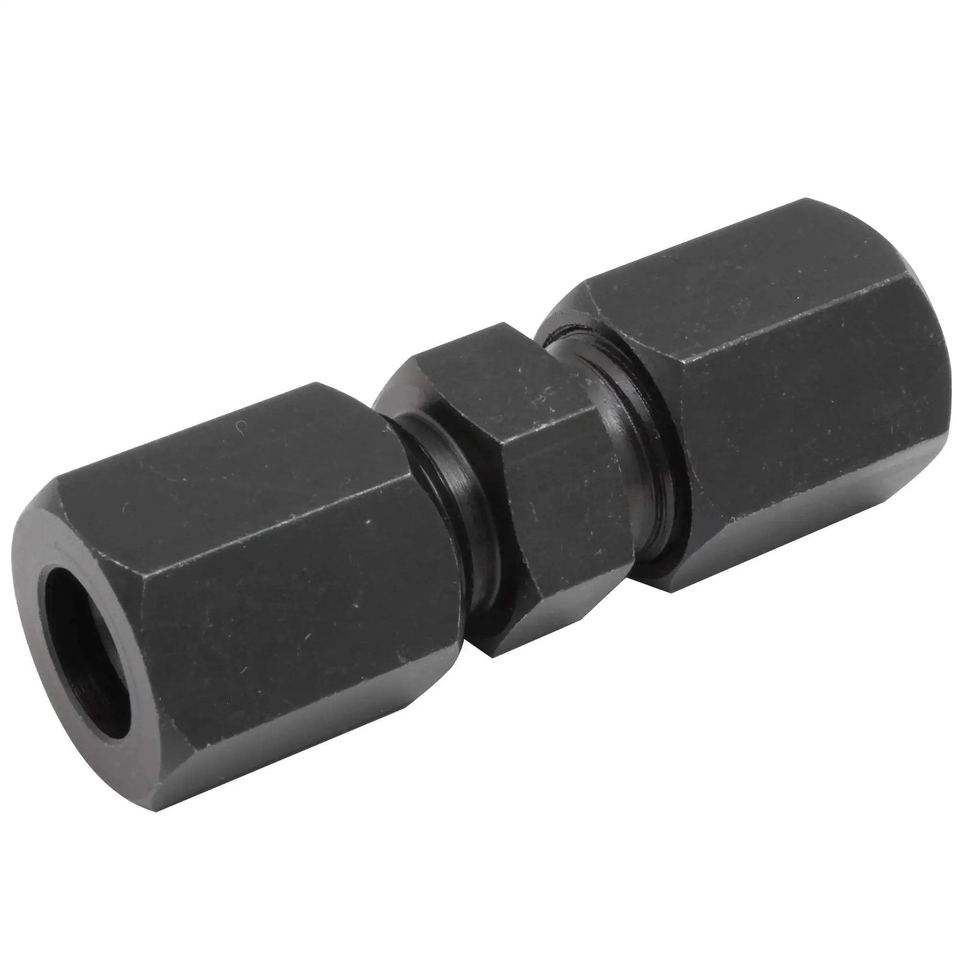 Heavy-Duty 3/8 Inch High-Pressure Compression Union For Tube Repair By 4LifetimeLines, black oxide steel connector for up to 5000 PSI.
