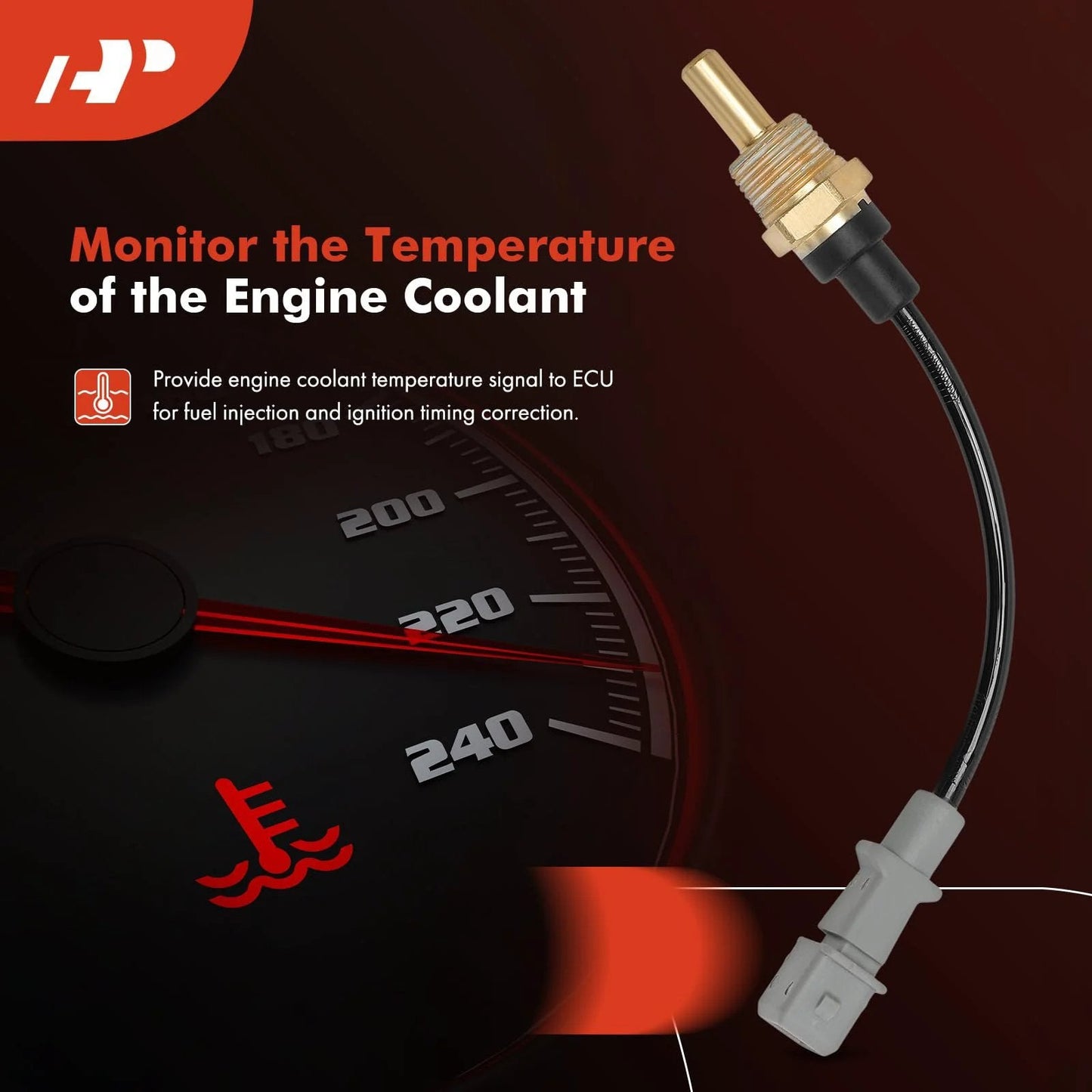 Engine Coolant Temperature Sensor 2 Pins For Hyundai Elantra 2007 2012, Tucson 2005 2009, shown on a temperature gauge background