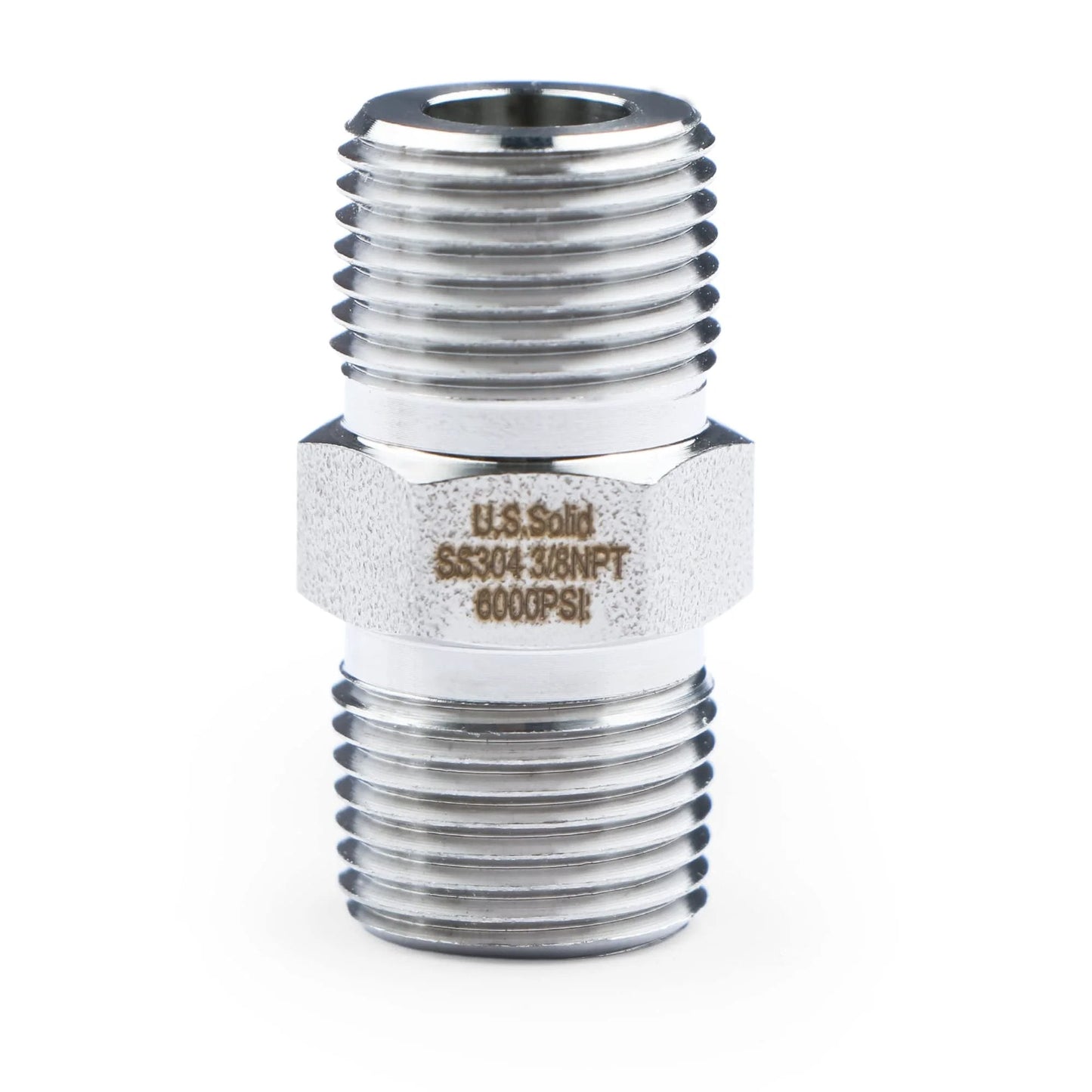 Front view of Heavy Duty 304 Stainless Steel Hex Nipple for High Pressure Systems, 6000 PSI, Three Eighths Inch NPT Male Thread Pipe Adapter