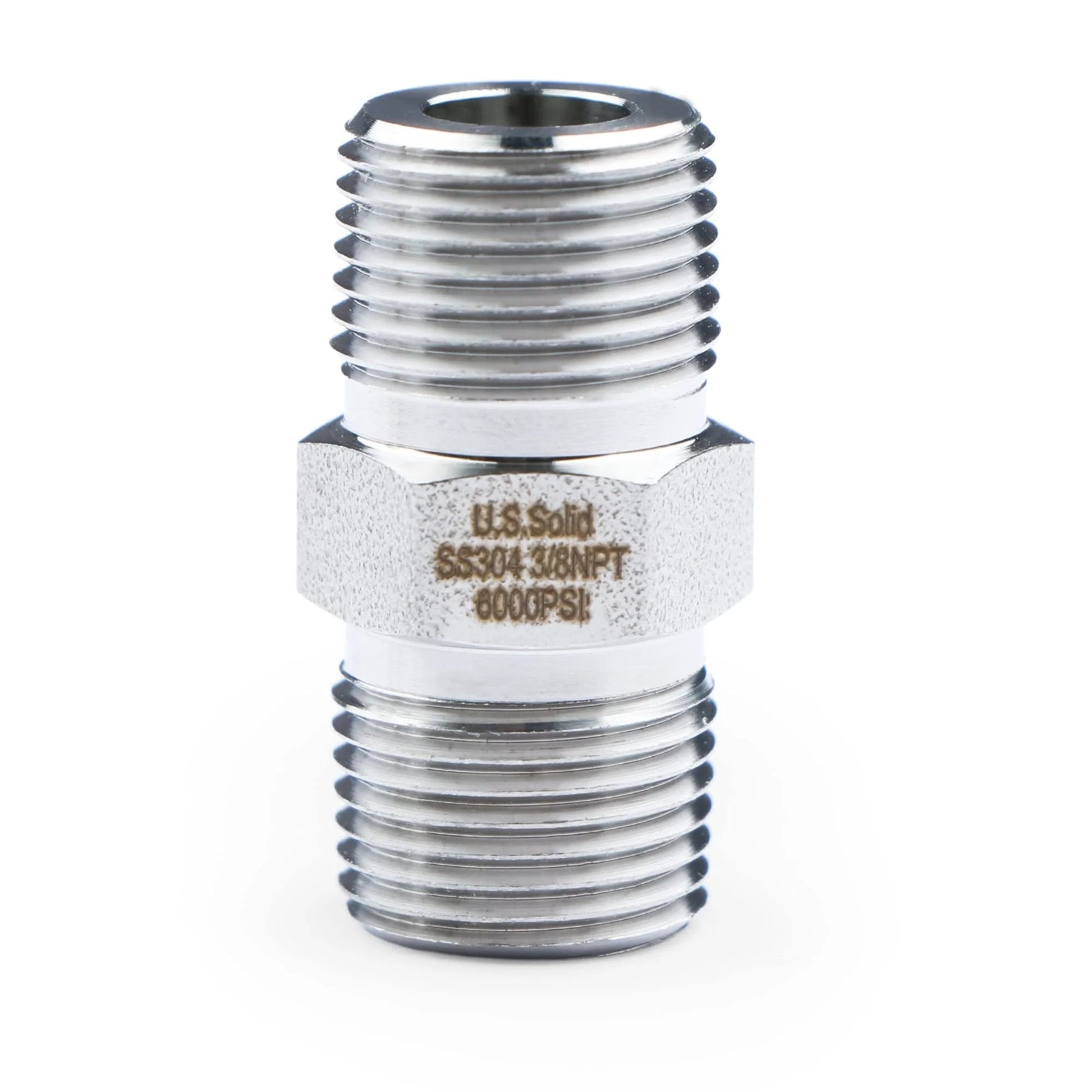 Front view of Heavy Duty 304 Stainless Steel Hex Nipple for High Pressure Systems, 6000 PSI, Three Eighths Inch NPT Male Thread Pipe Adapter