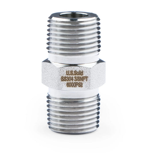 Front view of Heavy Duty 304 Stainless Steel Hex Nipple for High Pressure Systems, 6000 PSI, Three Eighths Inch NPT Male Thread Pipe Adapter